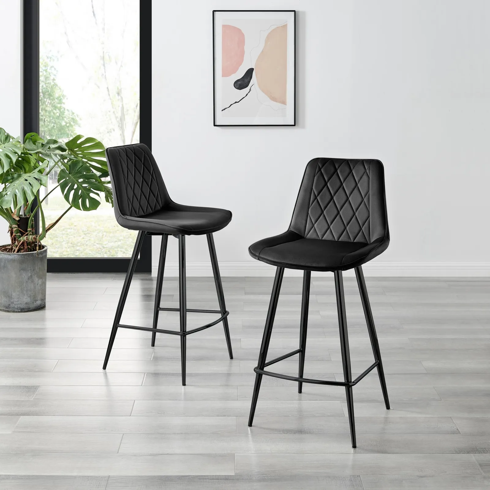 FurnitureboxUK Pesaro Set of 2 Velvet Black Legs Counter Stools 2