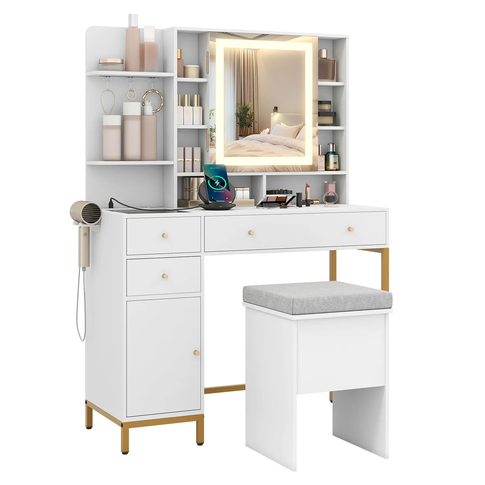 Costway Makeup Vanity Desk Dressing Table & Stool Set with Lighted Mirror in White
