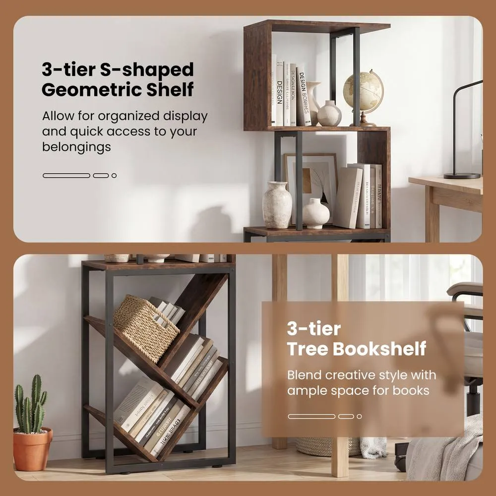Costway 6-Tier Bookshelf Industrial Bookcase Wooden S-Shaped Storage Organizer in Brown 6