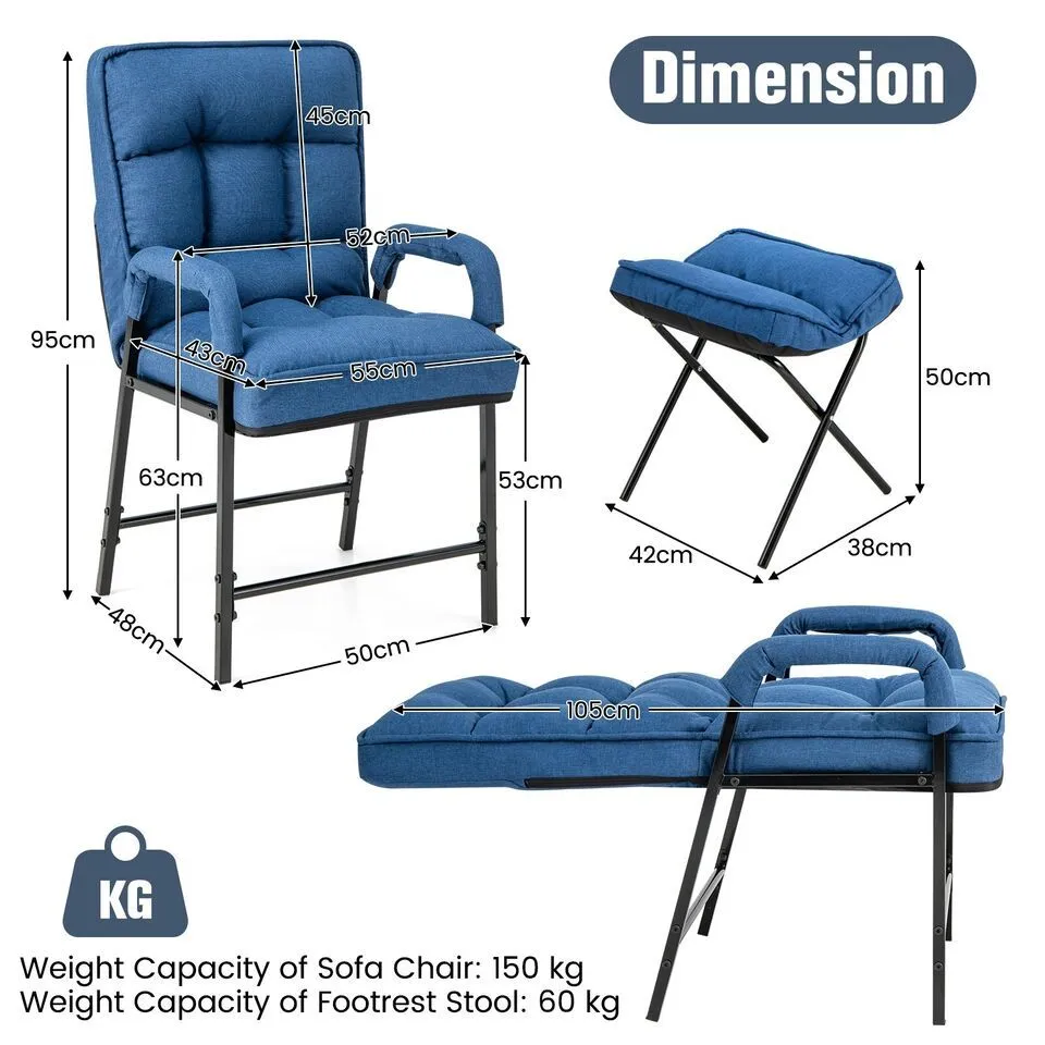 Costway Modern Accent Chair Linen Fabric Upholstered Single Sofa Chair w/Ottoman in Blue 2