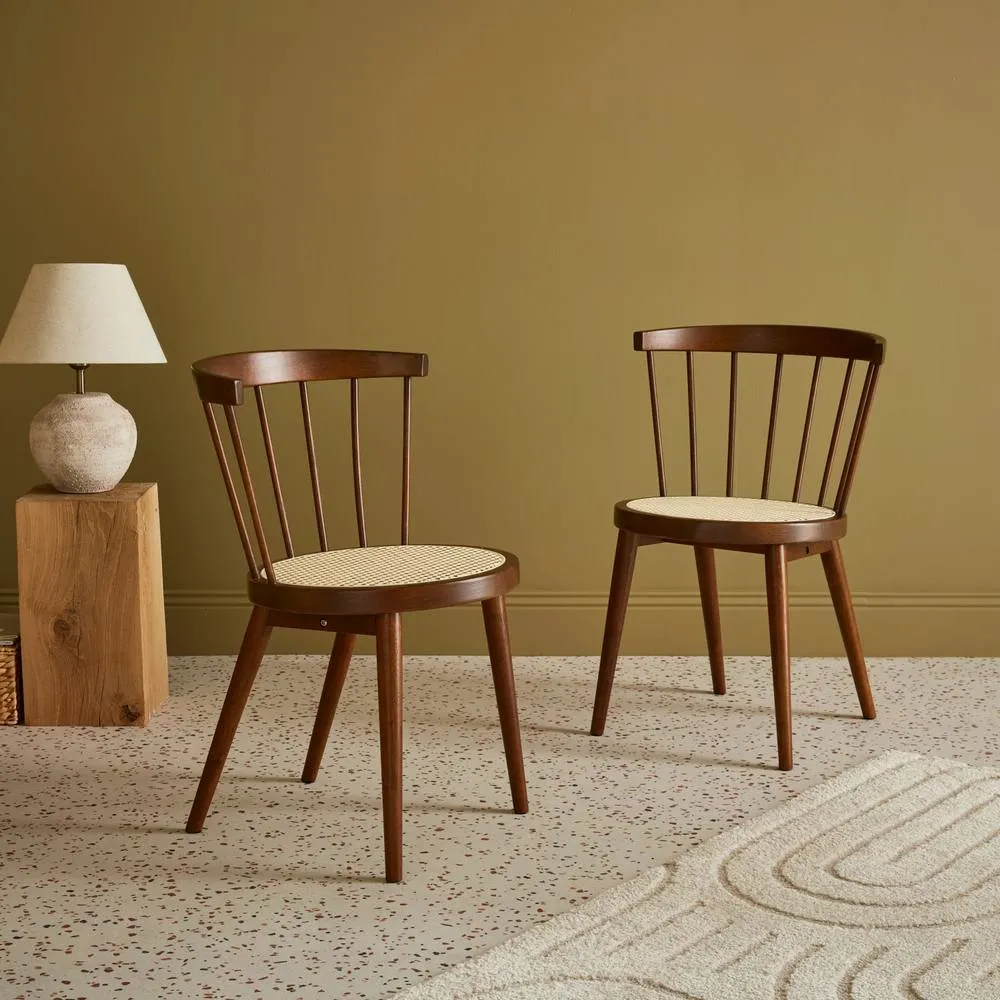 sweeek Pair Of Wood & Cane Dining Chairs in Dark Brown 1
