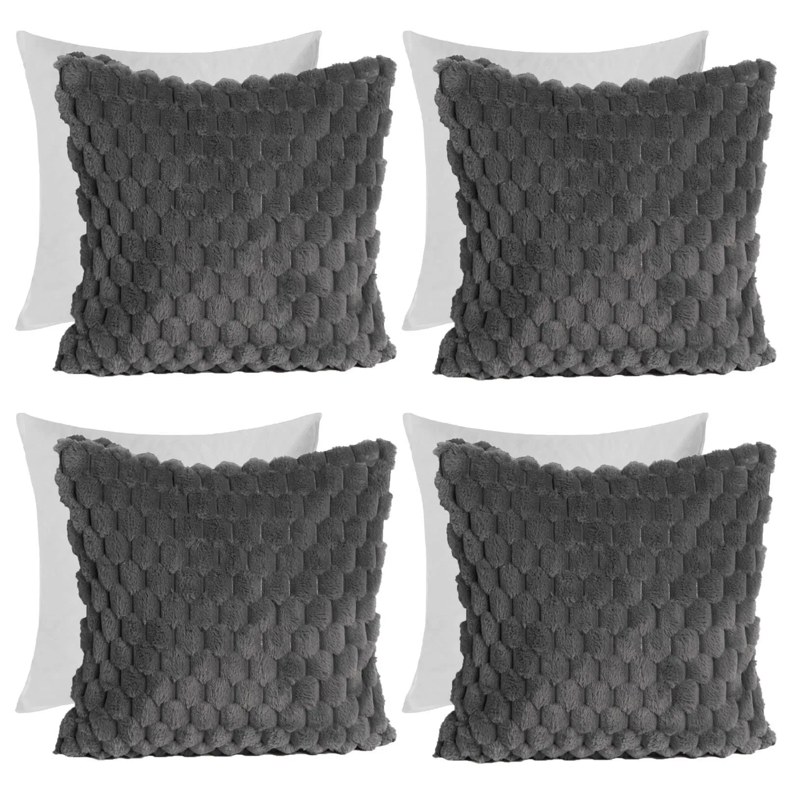 OHS 4 Pack Waffle Faux Fur Filled Cushion Covers - 45 x 45cm in Charcoal