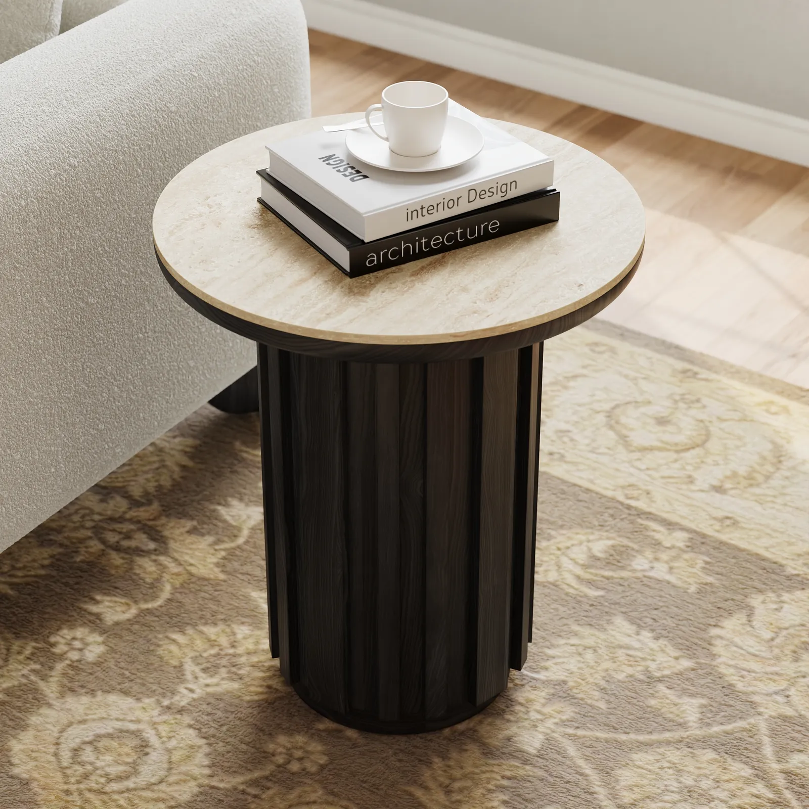 Aura Ash Wood Fluted Round Side Table with Sintered Stone Top