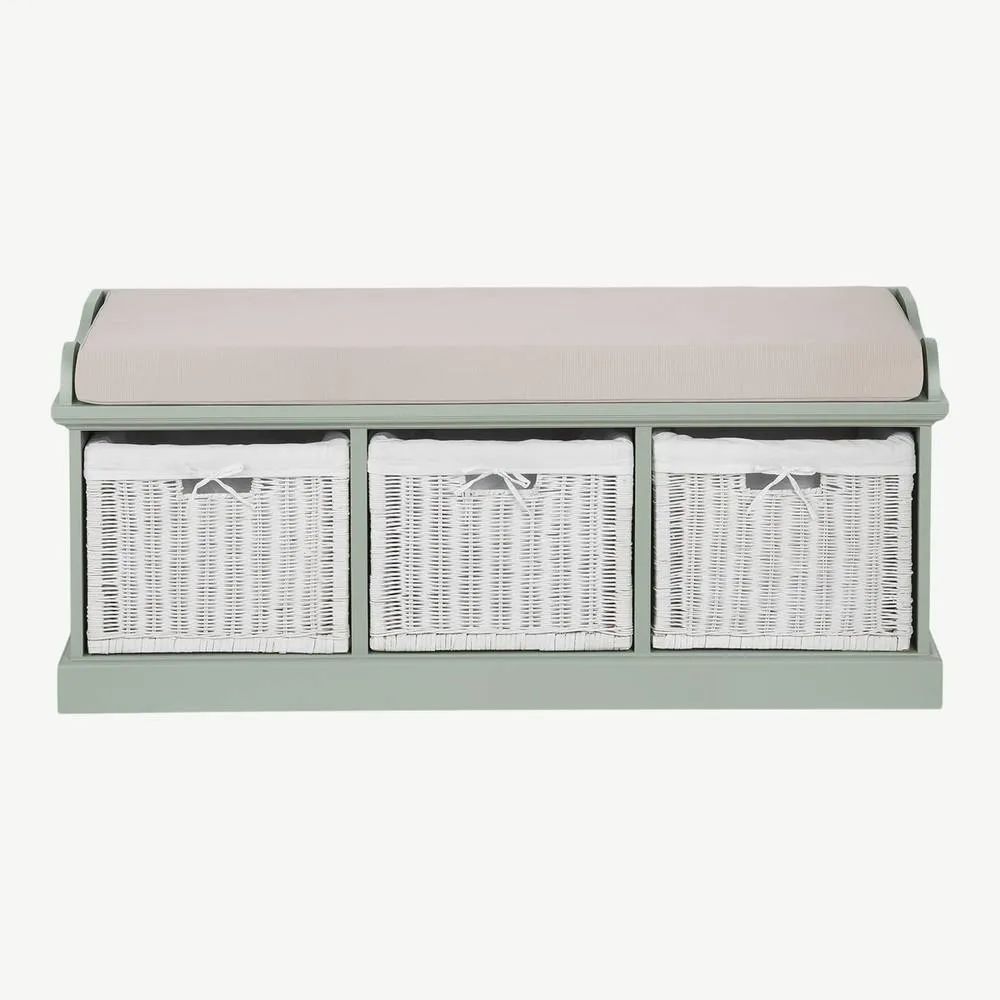 Statement Furniture Tetbury Bench with 3 White Wicker Baskets & Cream Cushion in Light Green 4