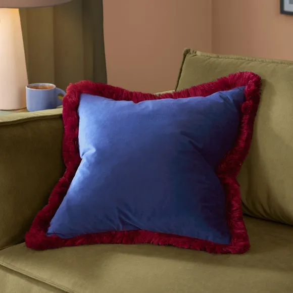 Furn Halo Fringed Velvet Cushion Navy/Burgundy 50 X 50Cm, Blue