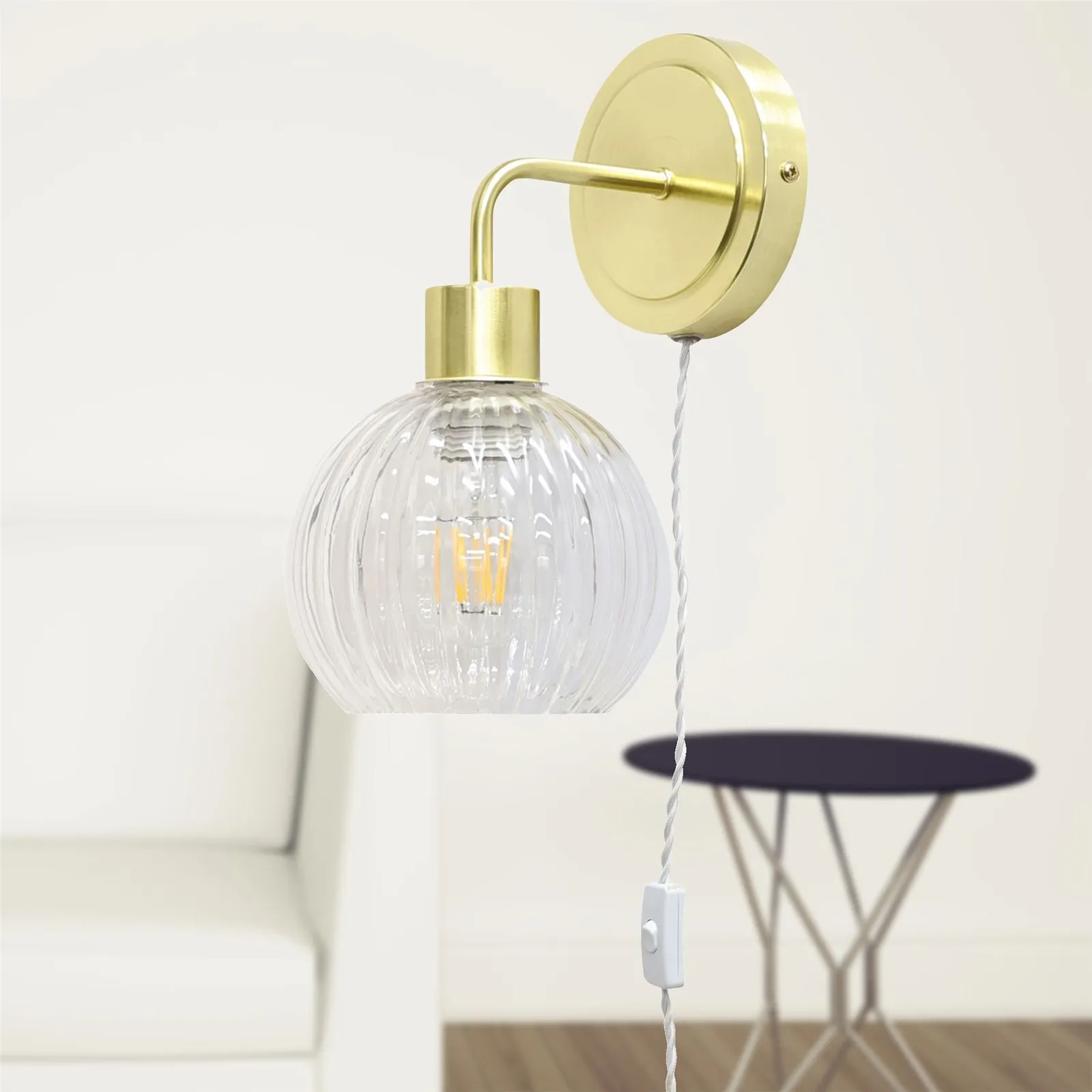 First Choice Lighting Set of 2 Toby - Satin Brass Plug in Wall Lights Clear Ribbed Shades in Gold 5