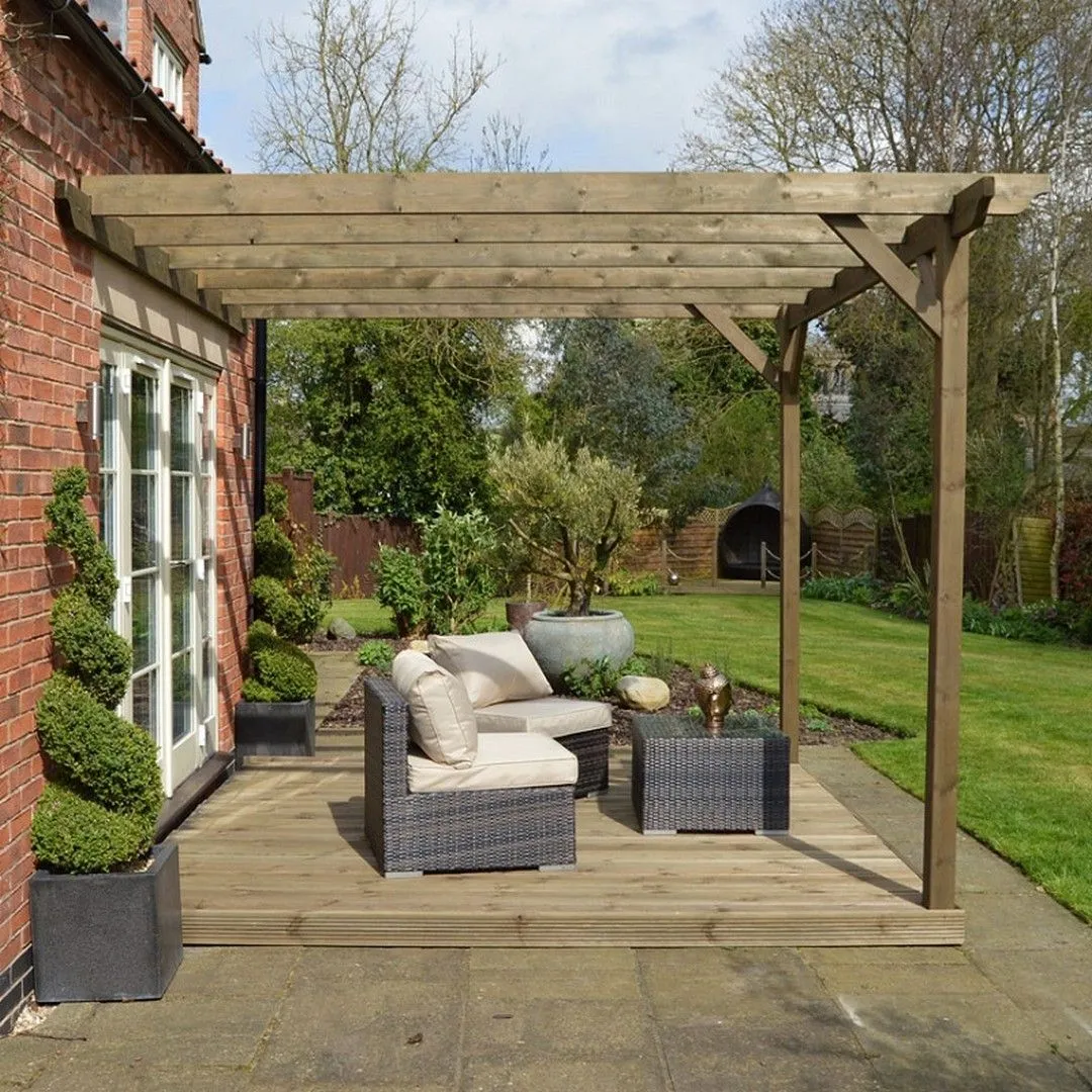 Rutland County Garden Furniture Ltd Wall Mounted Pergola & Decking Kit, L300 x W300 cm, Rustic Brown 5