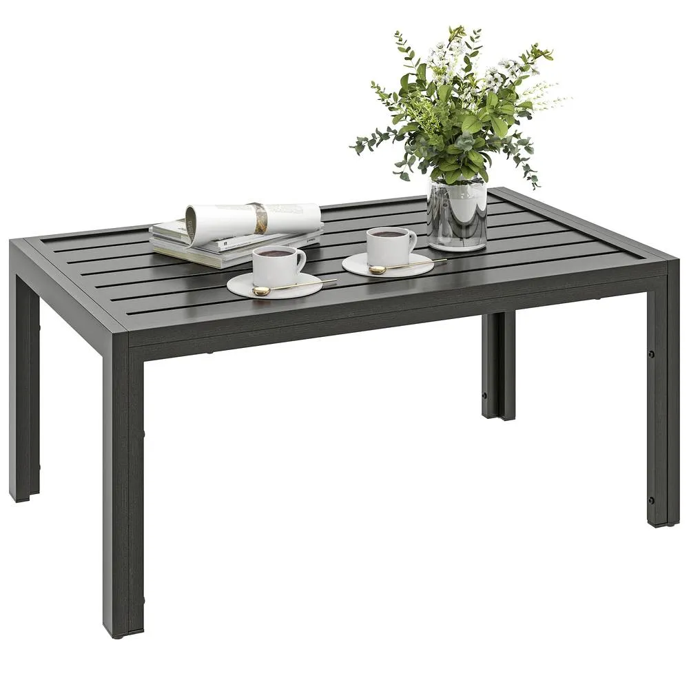 OUTSUNNY Outdoor Side Table Garden Table with Steel Frame & Slat Top Wood in Dark Grey 2