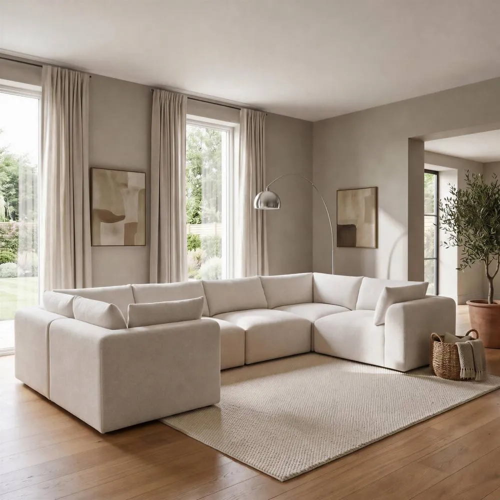 FurnitureboxUK Drift Boucle Fabric 5 Seater U-Shaped Modular Corner Sofa in Cream 1