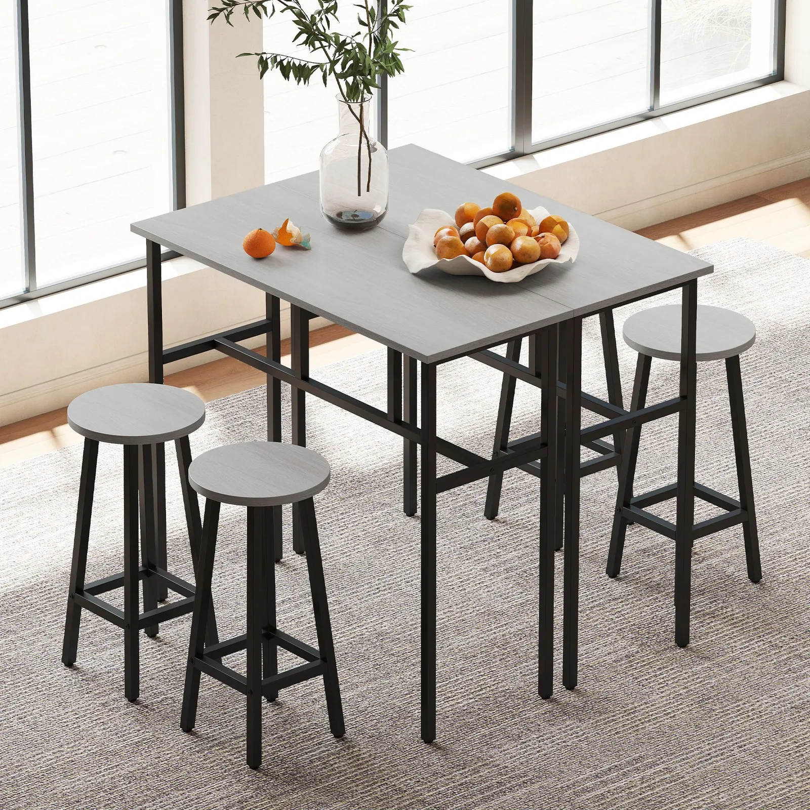 HOMCOM 6-Piece Bar Table Set, 2 Breakfast Tables with 4 Stools, Counter Height Dining Tables & Chairs for Kitchen, Living Room in Grey