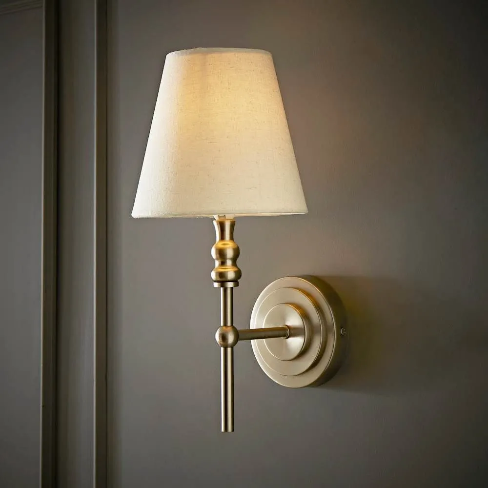 ValueLights Maggie Candlestick Wall Light with Linen Tapered Lamp Shade with Bulb in Silver 2