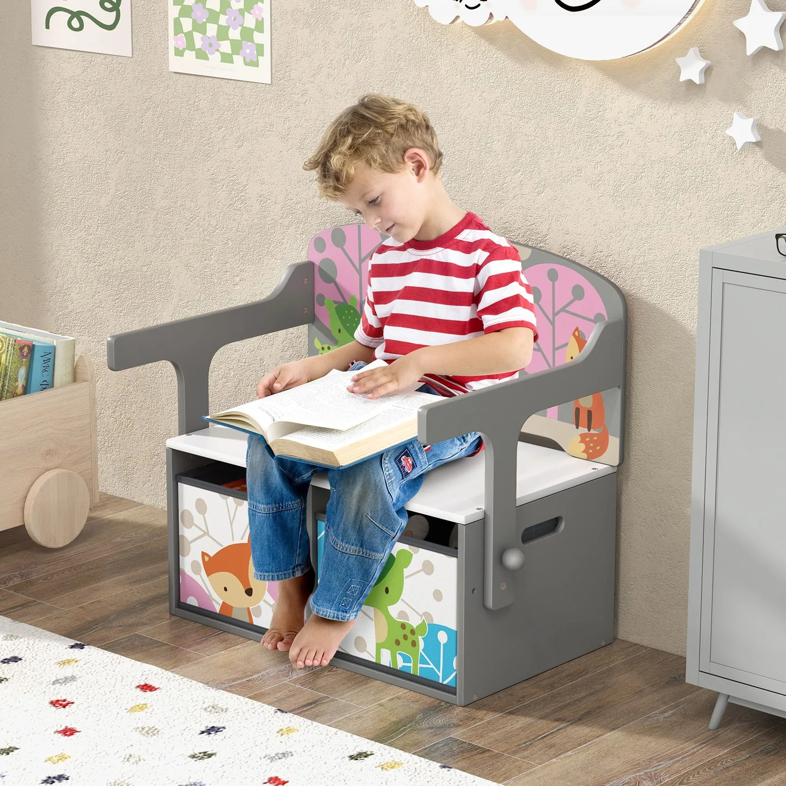 Costway 3-in-1 Convertible Activity Bench Table Chair Set Toy Storage in Grey 6