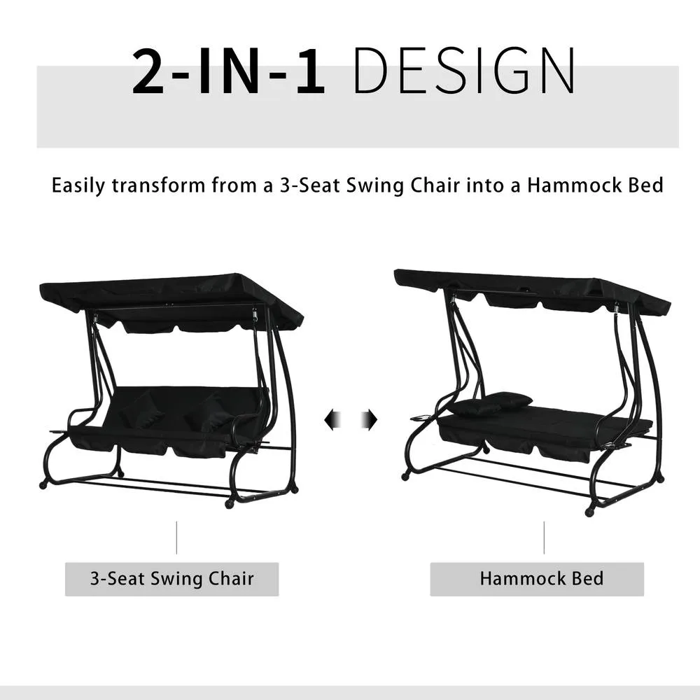 OUTSUNNY 2-in-1 Garden Swing Chair for 3 Person w/ 2 Pillows, Black 4