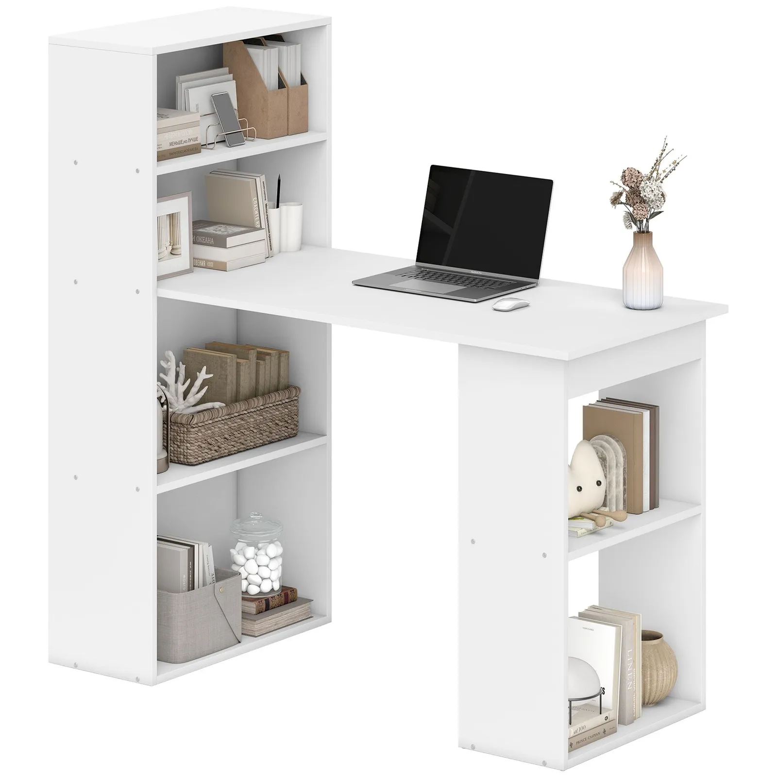 HOMCOM 120cm Modern Computer Desk Bookshelf Writing Table Workstation in White 2