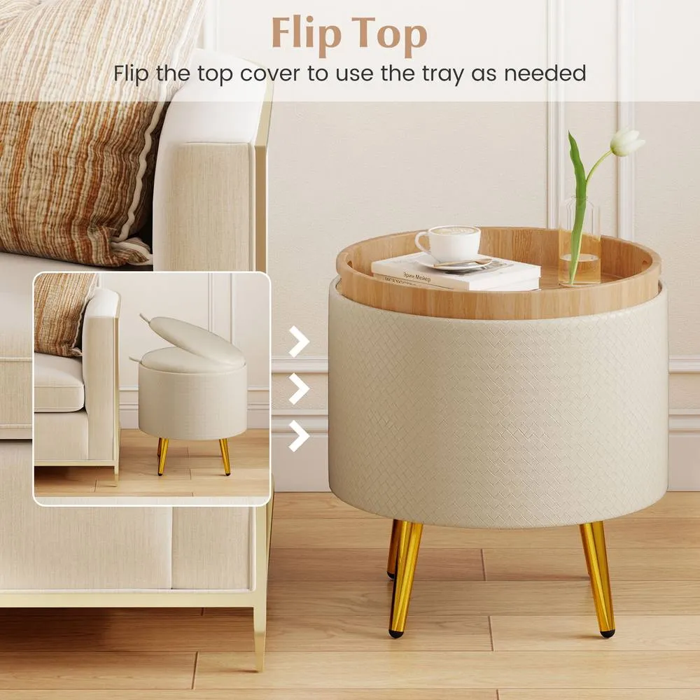 Costway Storage Ottomans Set of 2 Leather Upholstered Round Footrests in Beige 6