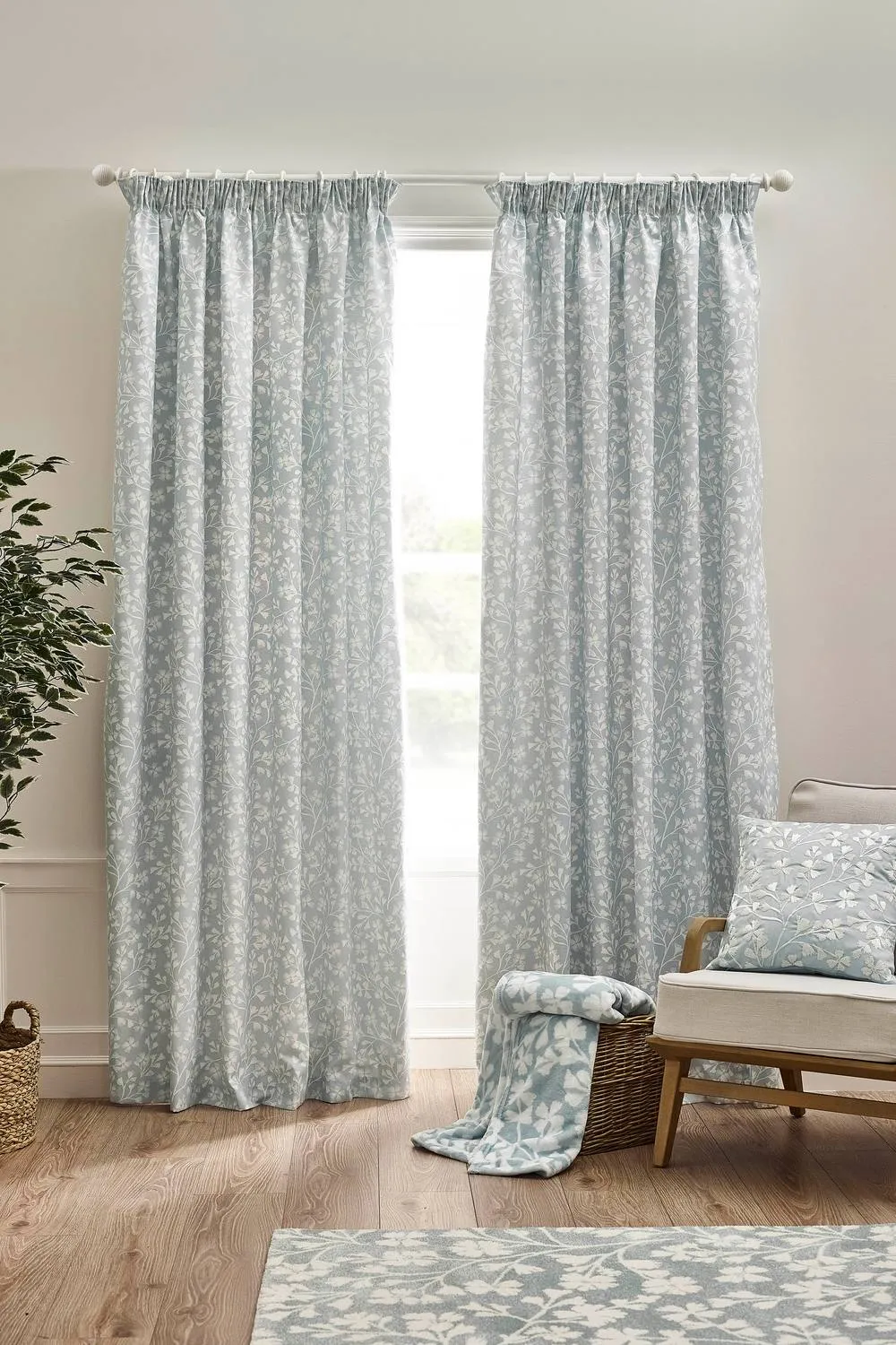Catherine Lansfield 'Brooke Floral' Lined Pencil Pleat Curtains in Duck Egg Blue 1