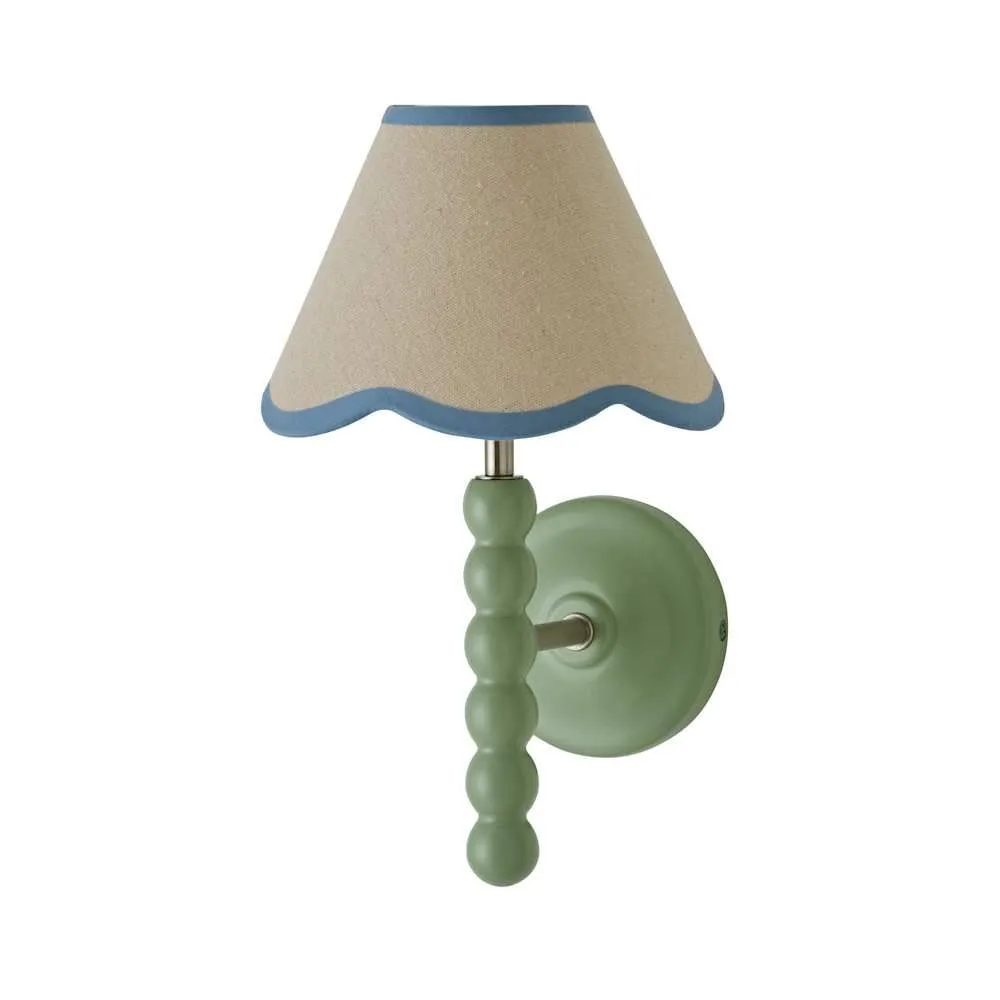ValueLights Bobbins Sage Green Bobble Wall Light & Linen Pastel Trim Lamp Shade in Pale Blue 6