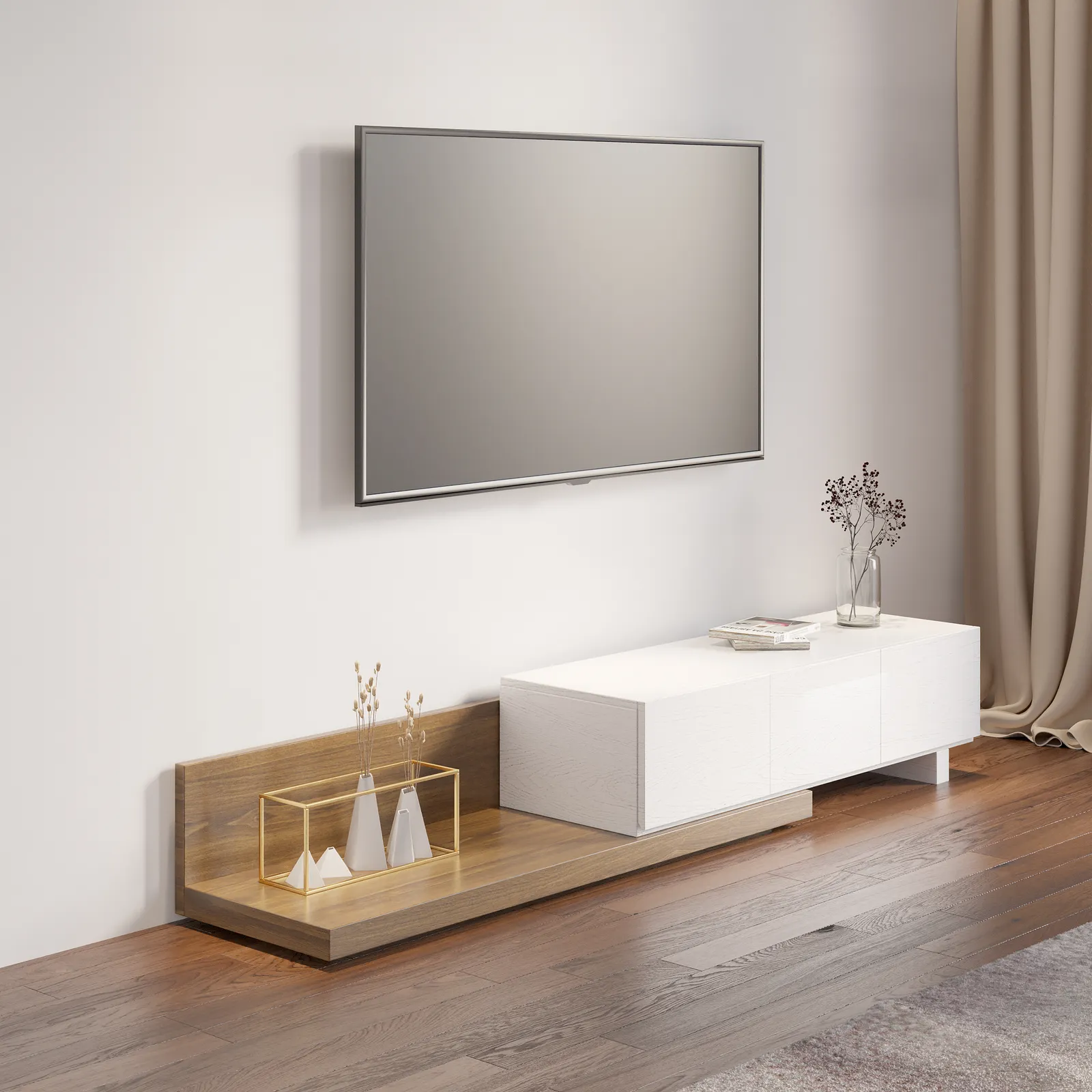 Rectangle Wood Extendable TV Stand White & Walnut Floor Media Console with 3 Drawers