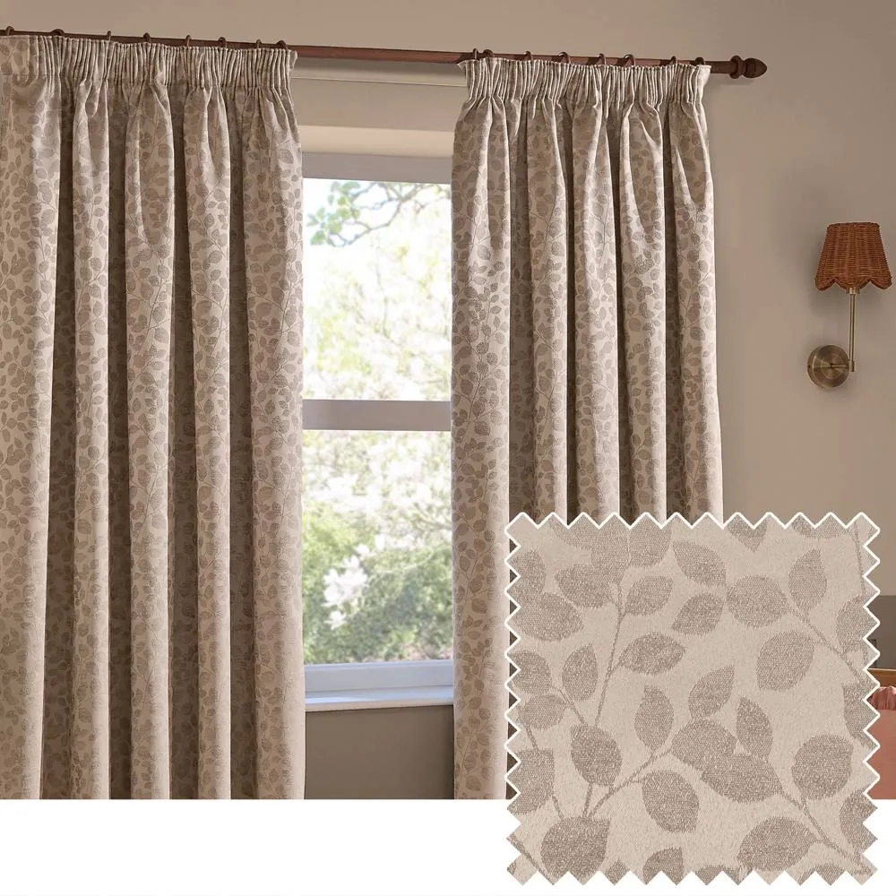 Wylder Grace Leaf Jacquard Fully Lined Pencil Pleat Curtain Pair in Nude 1