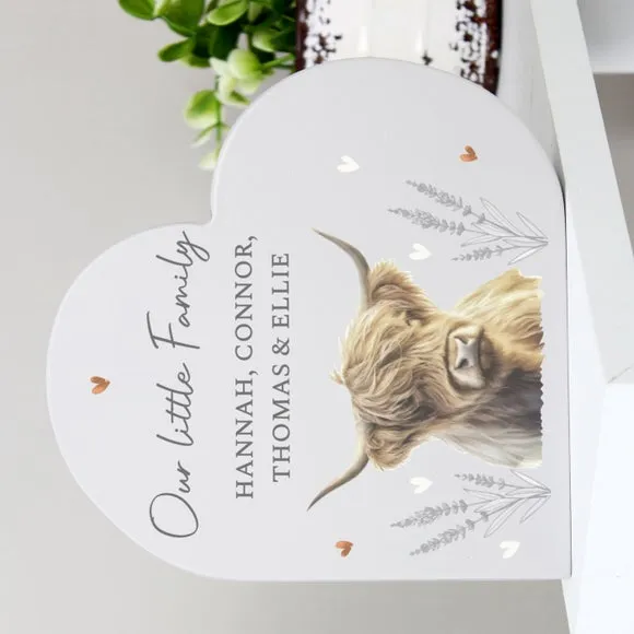 Personalised Highland Cow Wooden Heart Ornament 3