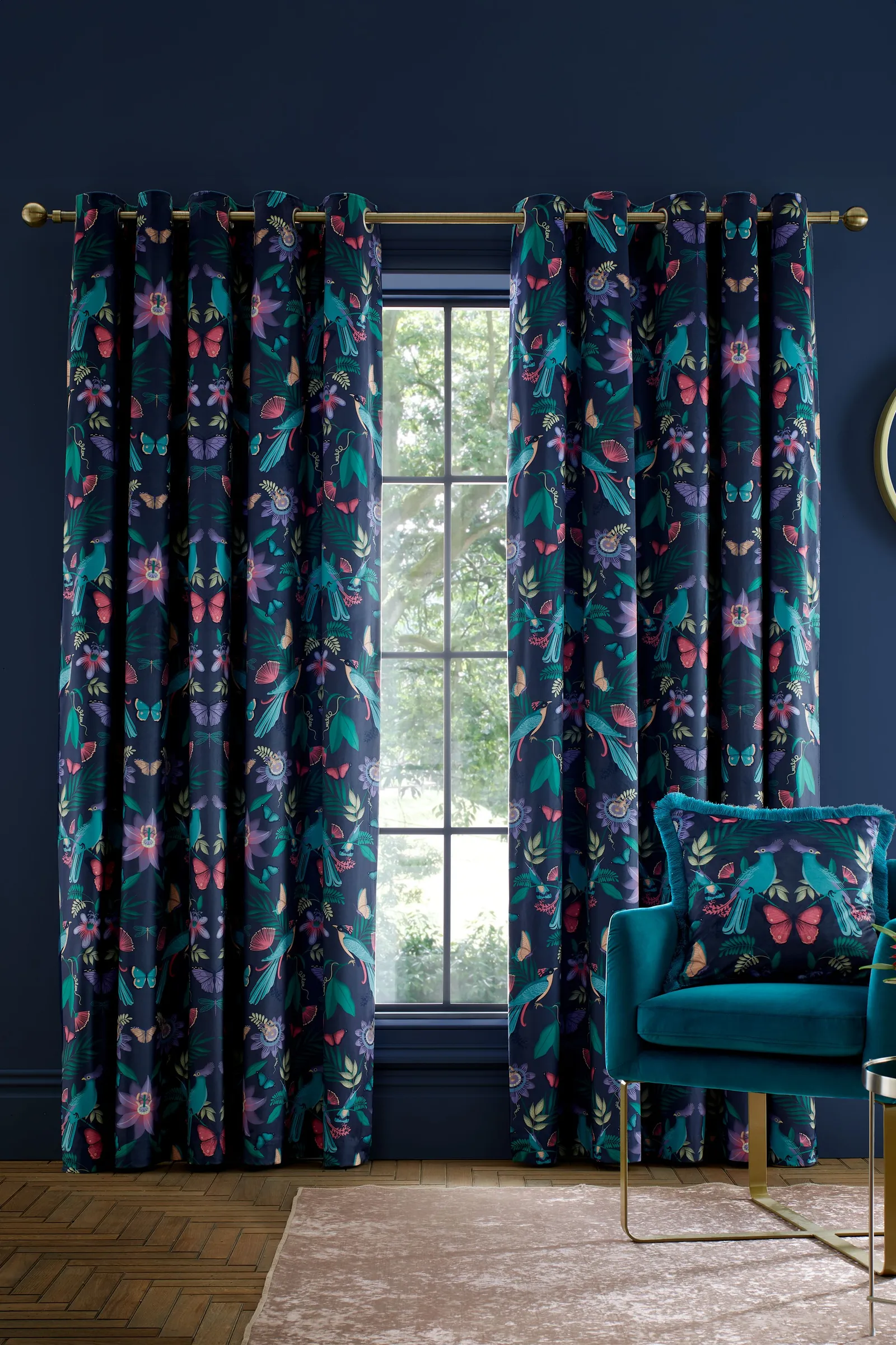 Catherine Lansfield 'Mya Tropical Floral' Lined Eyelet Curtains in Navy 1