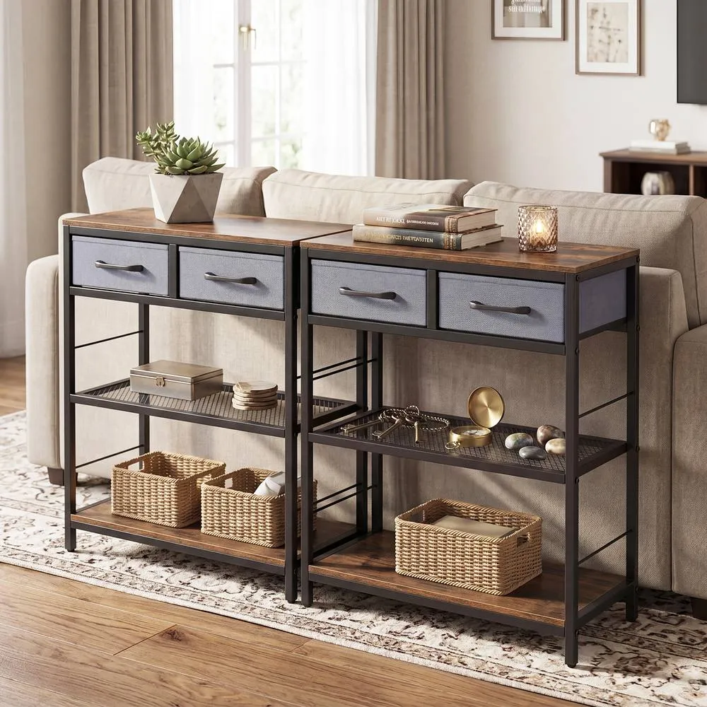 Costway Narrow Console Table w/ 2 Fabric Drawers 3-Tier Table Storage Rack in Brown 6