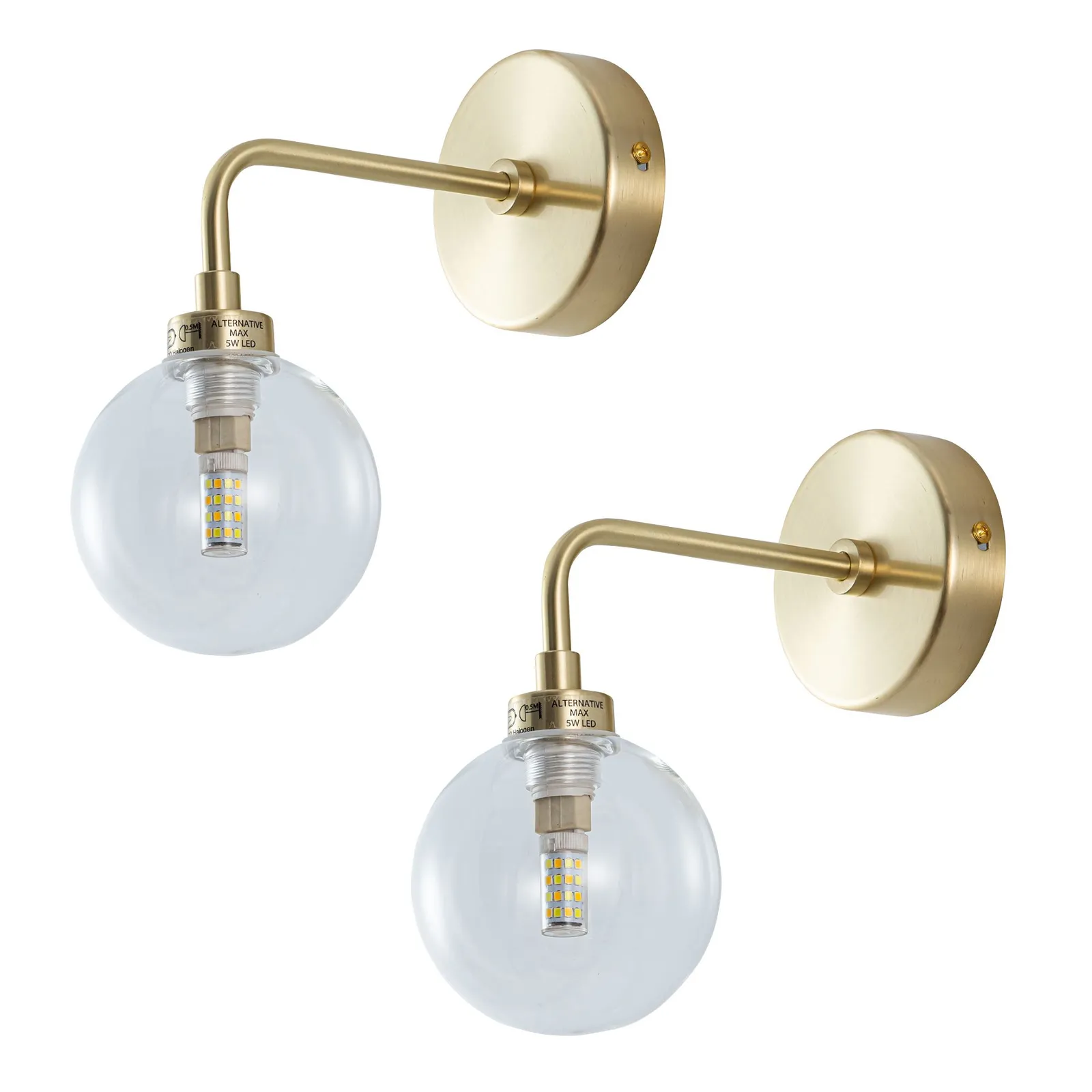 First Choice Lighting Set of 2 Toner - Satin Brass with Clear Glass Globe Wall Lights in Gold