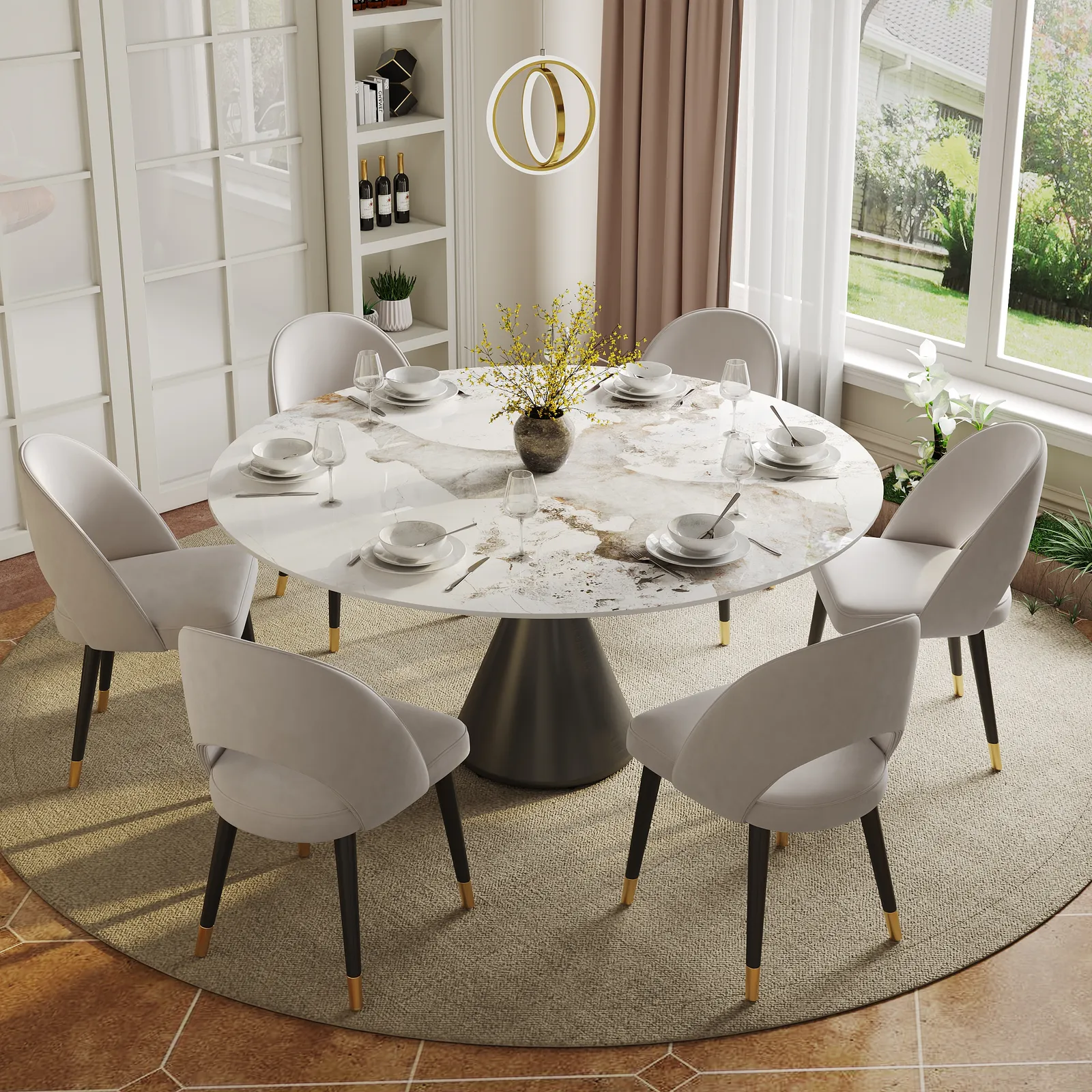 Modern 152 cm Round Glossy Sintered Stone Dining Table with Black Pedestal Base, Seats 6