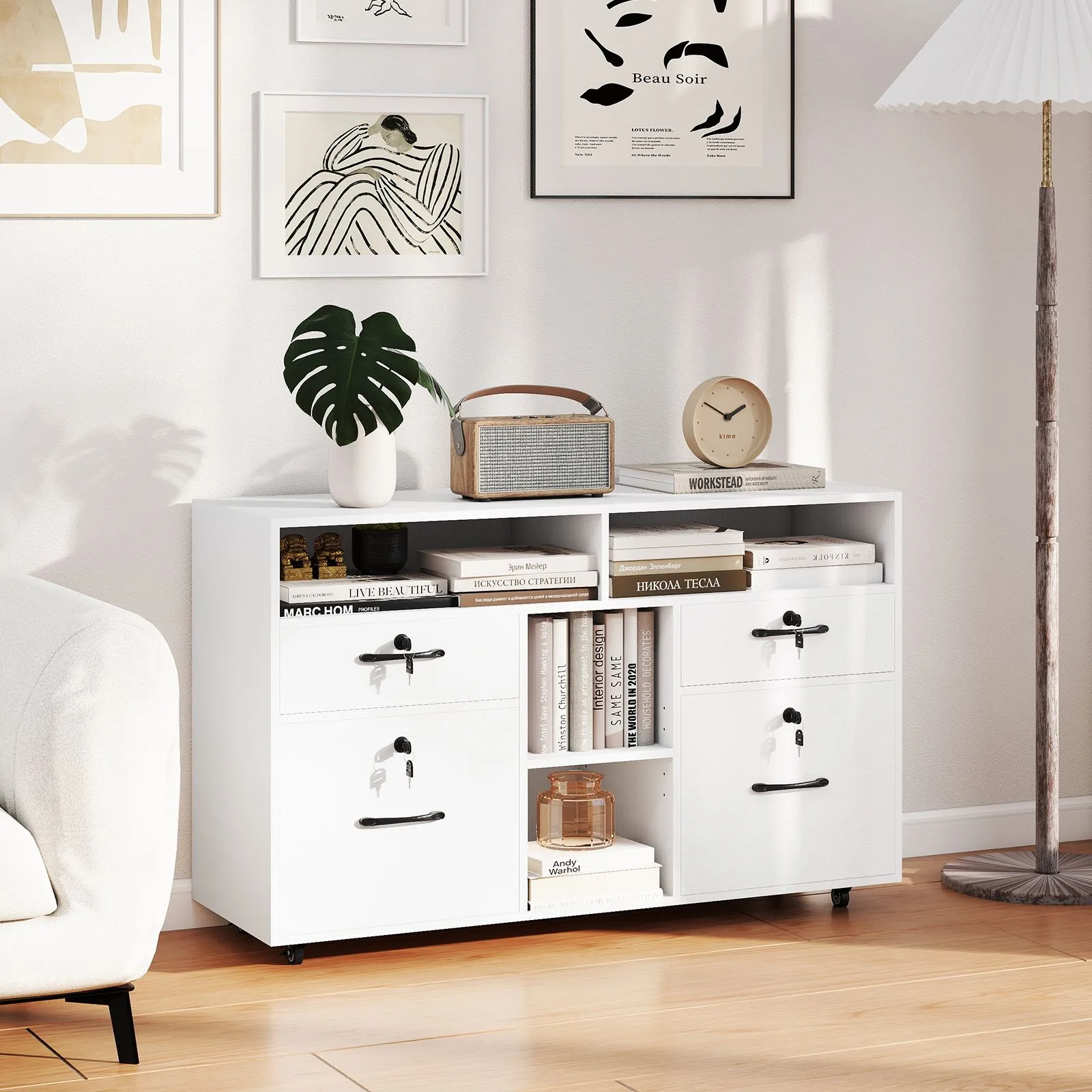 Costway File Cabinet Mobile Lateral Filing Storage Organizer with Lock in White 3