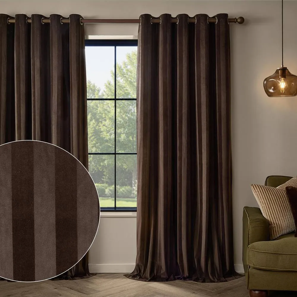 Paoletti Regency Stripe Velvet Eyelet Curtain Pair Chocolate 117Cm Width 137Cm Drop, Brown