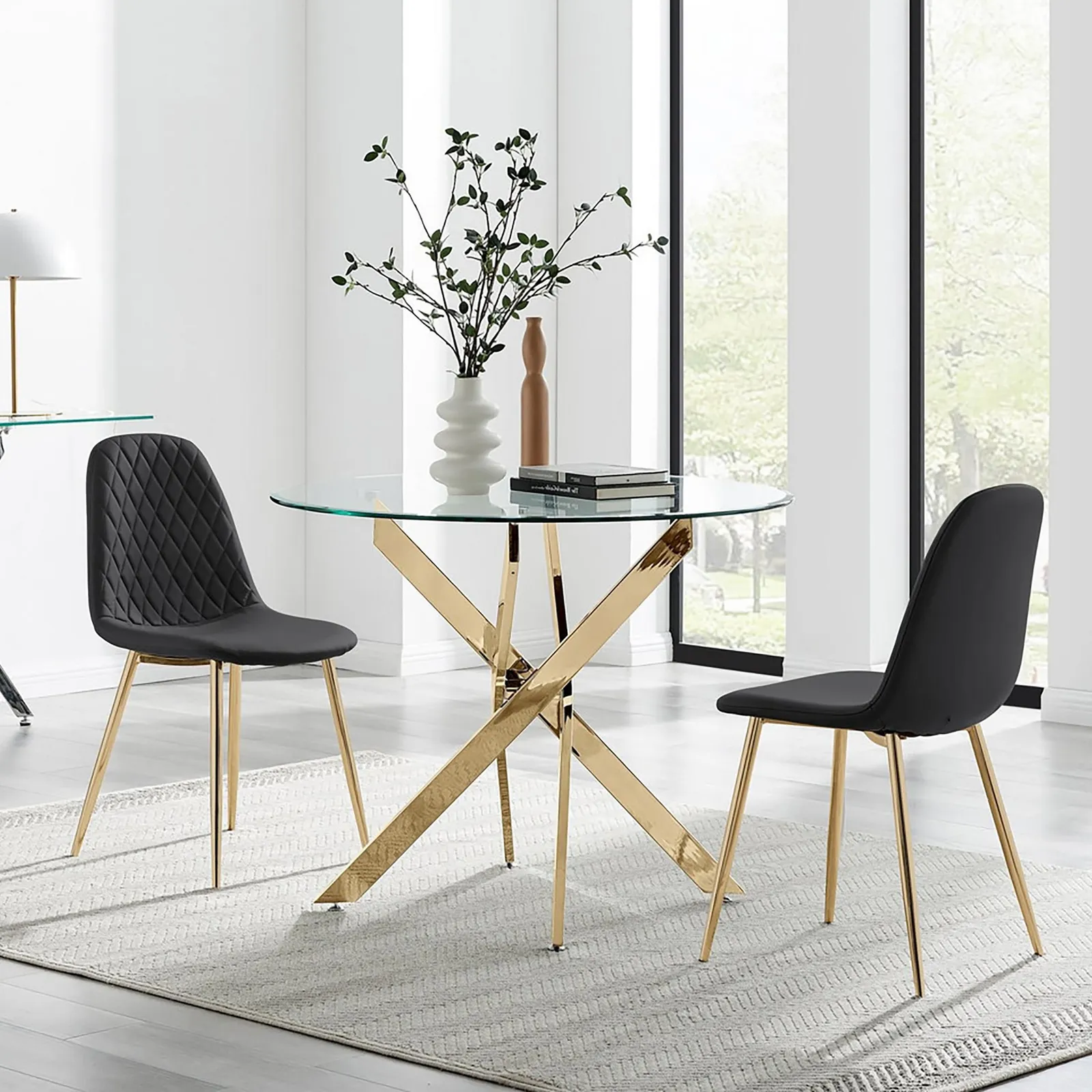 FurnitureboxUK Novara 100cm Round Gold Leg Dining Table & 2 Corona Gold Chairs in Black 1