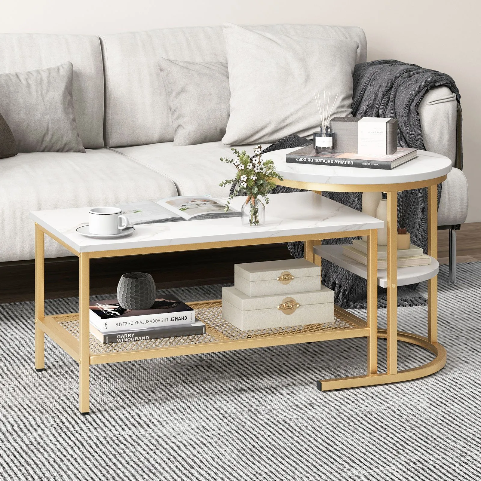 Costway Set of 2 Coffee Nesting Table Set Detachable 2-Tier Sofa Side Table Faux Marble in Gold 4