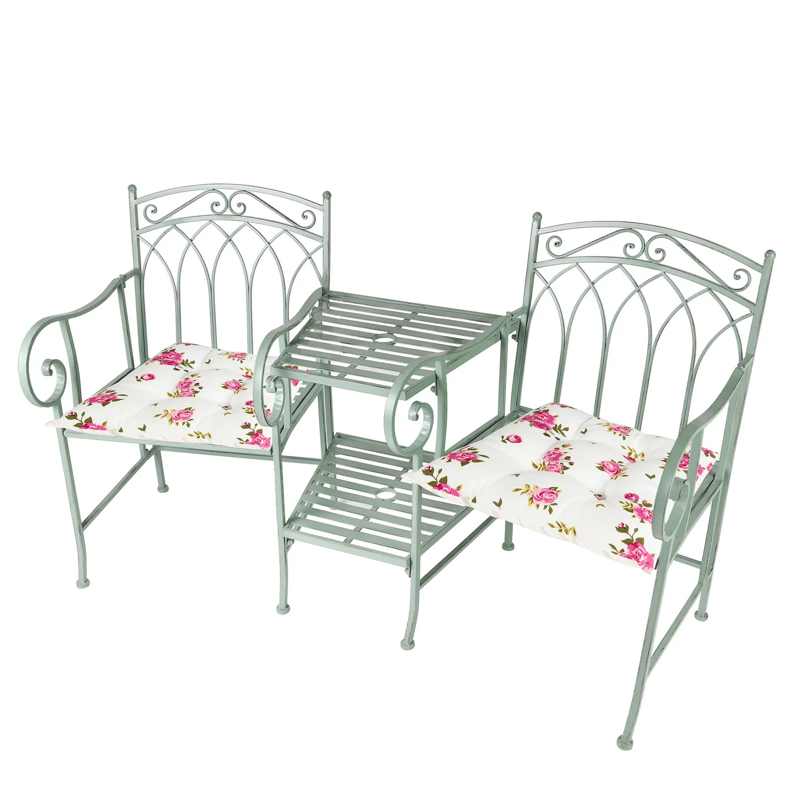 Dibor Vintage Green Arched Outdoor Garden Furniture Companion Seat Bench with Free Set of 2 Pink Seat Pad Cushions