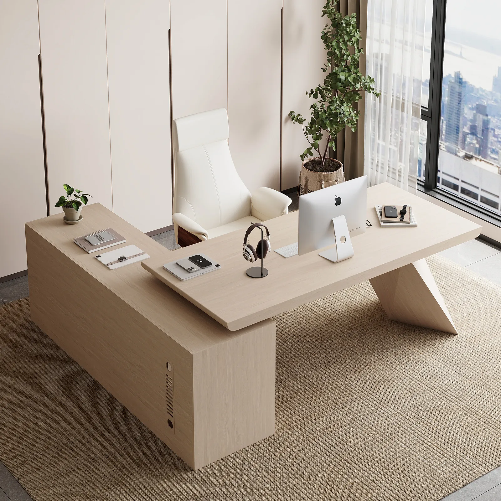 Modern 180 cm L-Shaped Whitewash Executive Desk with Storage, Right Hand