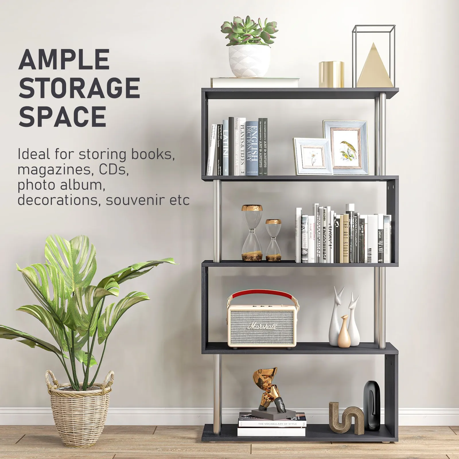 HOMCOM Wooden Storage Display Unit Bookshelf Bookcase Dividers S Shaped in Black 4