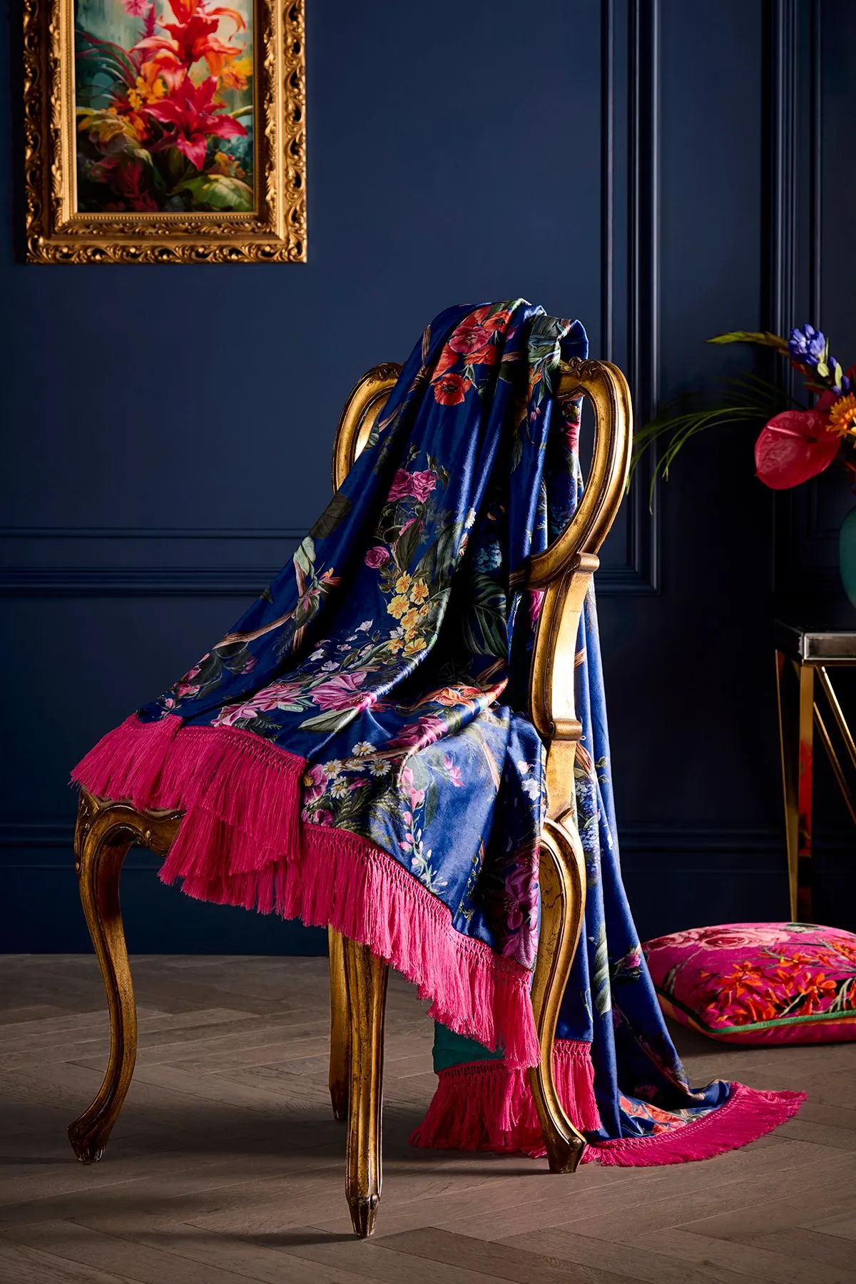 Laurence Llewelyn-Bowen 'Cotswold Fantasia' Soft Touch Floral Print Velvet Throw in Navy