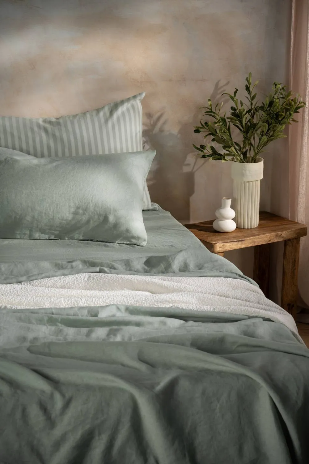 Soak&Sleep Misty Green French Linen 40cm Fitted Sheet in Pale Green 3
