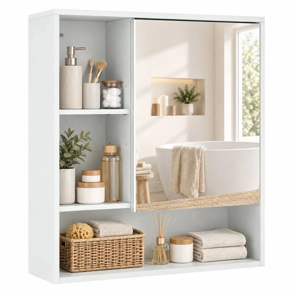 HOMCOM Bathroom Mirror Cabinet, Wall-Mounted, Adjustable Shelves in White 1