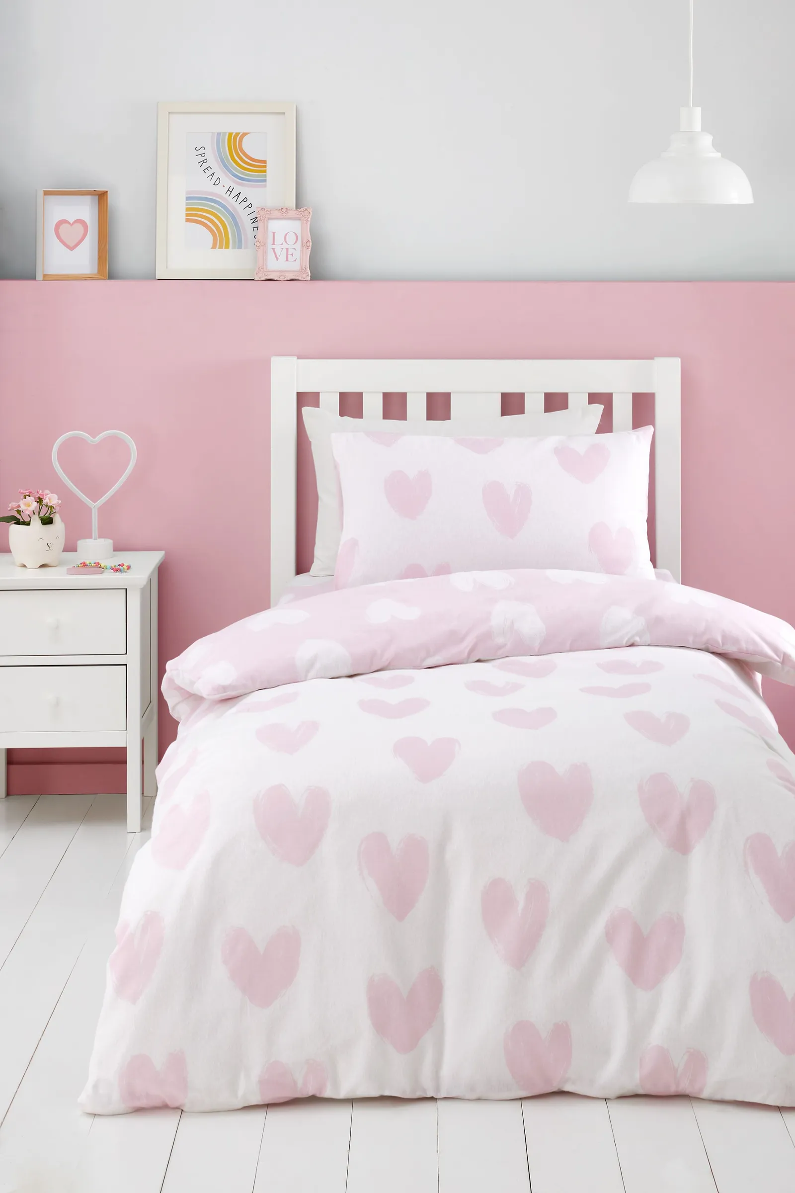 Catherine Lansfield 'Brushed Cotton Hearts' Reversible Duvet Cover Set in Pink 2