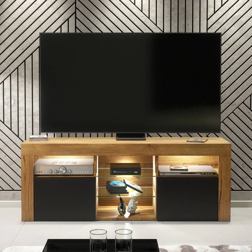 Creative Furniture Pulse TV Unit 145cm - Dark Oak with Black Matt Doors + LED Lights in Dark Brown