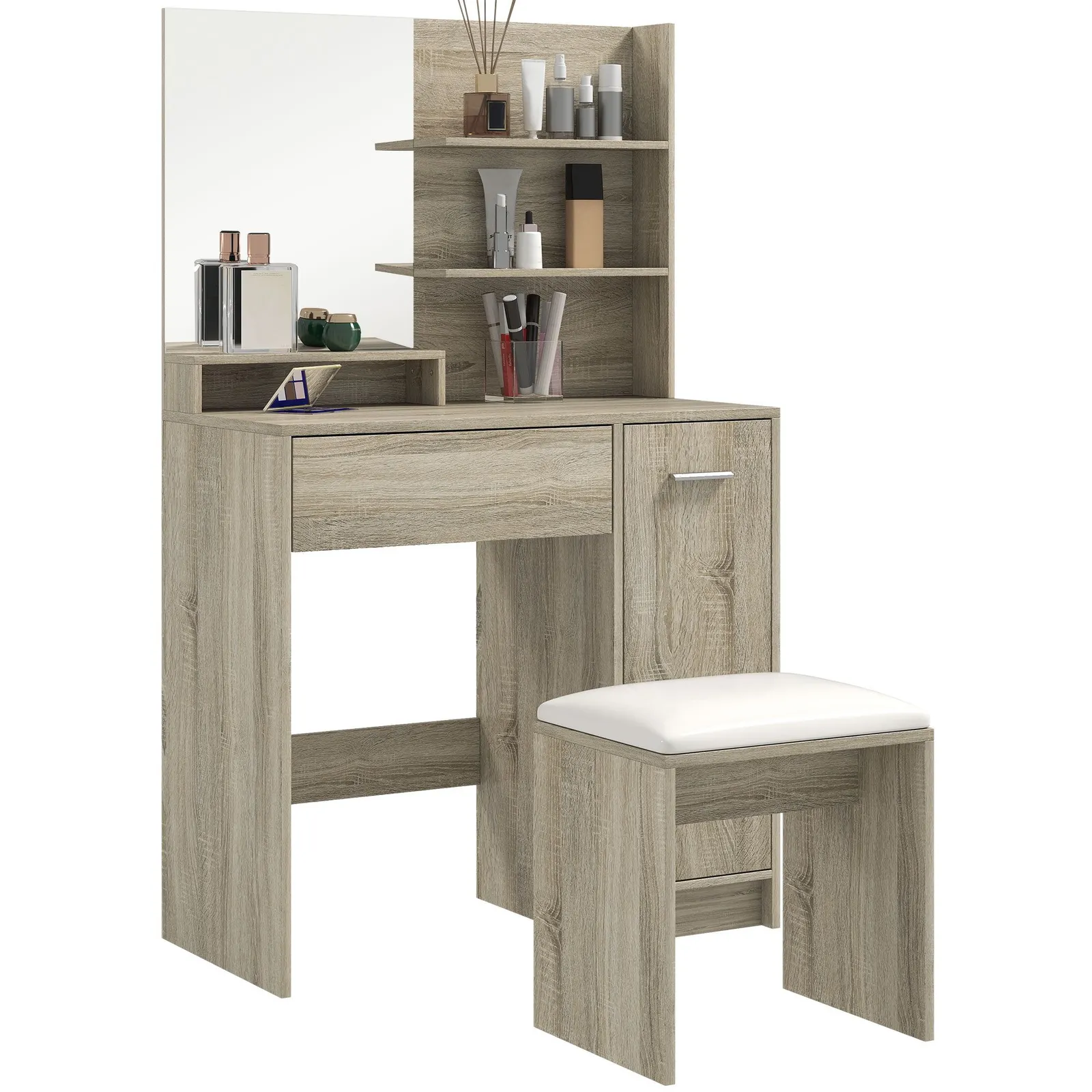 HOMCOM Dressing Table with Mirror & Stool, Makeup Desk for Bedroom in Natural 2