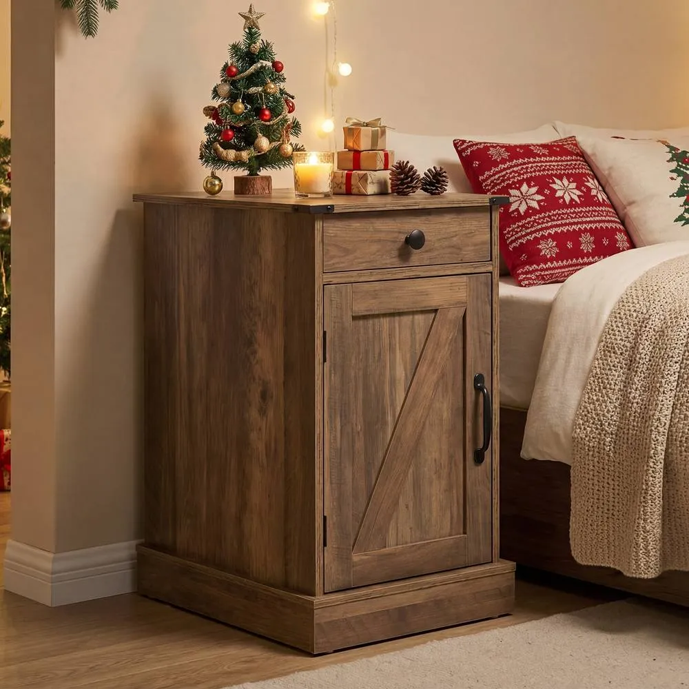 Costway Narrow Wooden Nightstand with Power Outlets in Brown 5