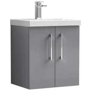 Nuie Arno Grey Wall Hung 2 Door Vanity Unit & Basin - 579 x 510mm