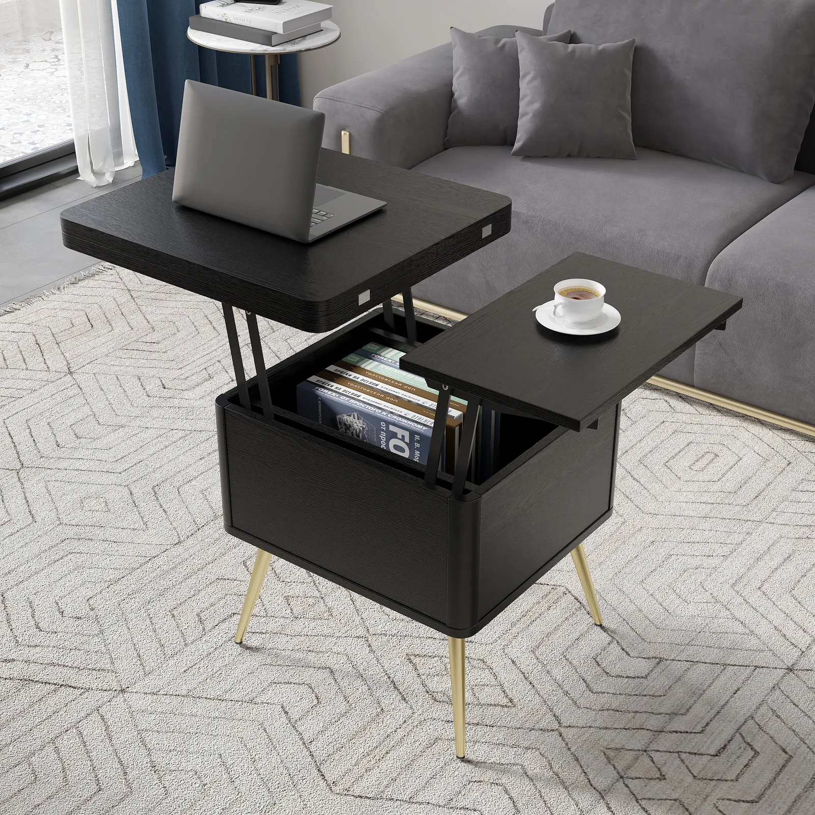 Modern Multi-functional Coffee Table Extendable with Storage & Lift Top in Black