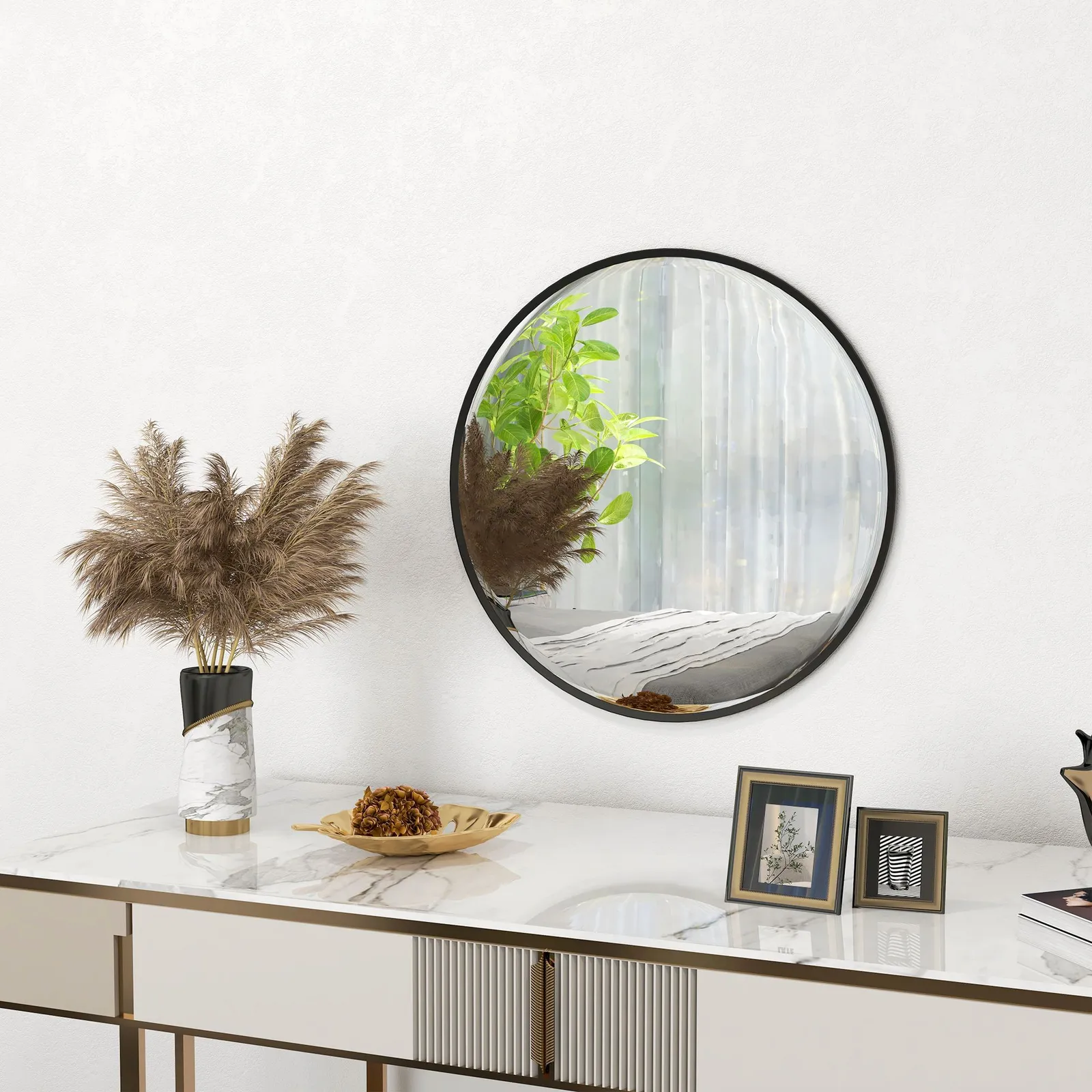 HOMCOM 61cm Bathroom Mirror Round Wall Mirror for Living Room Bedroom in Black