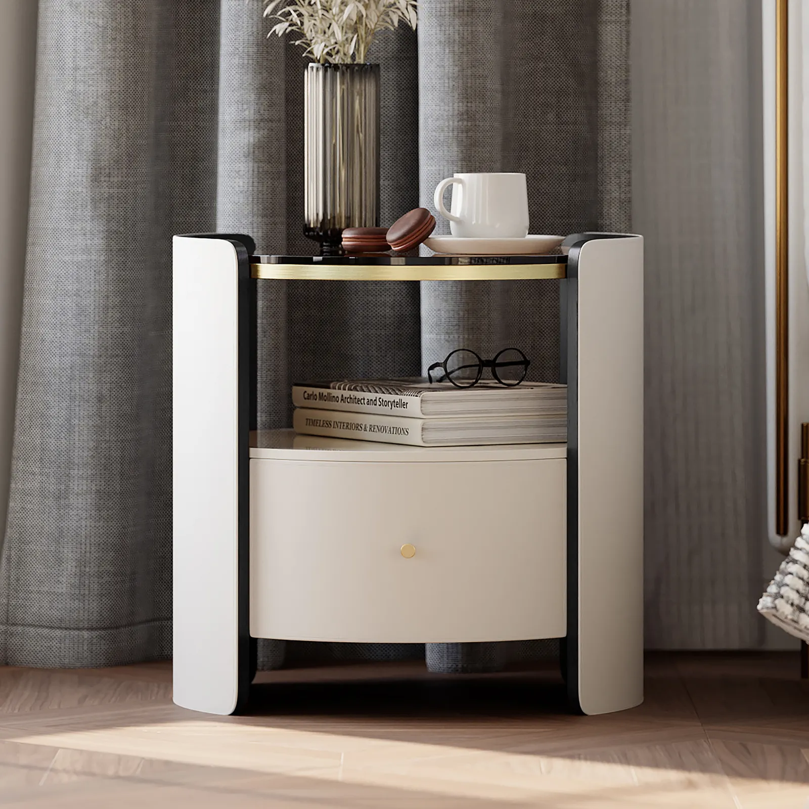 Modern Round White Leather Bedside Table with Glass Top & Sintered Stone Bedside with Shelf
