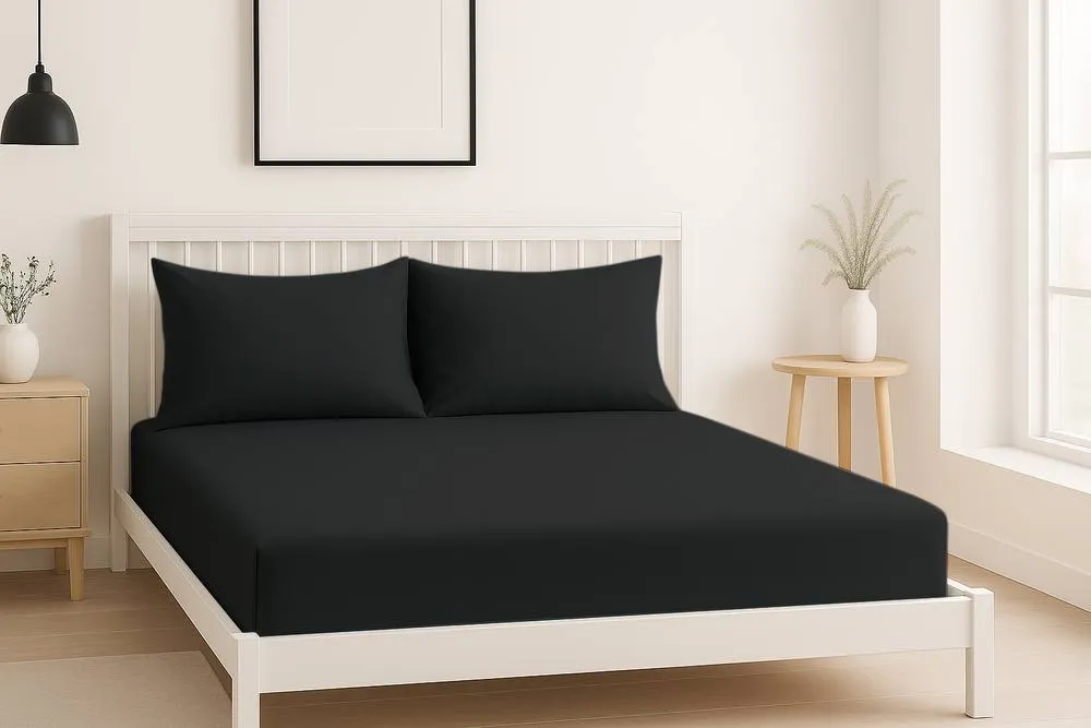 Snug City Luxury 200TC Soft Touch Fitted Sheet Bed Linen 40cm Extra Deep Skirt in Black