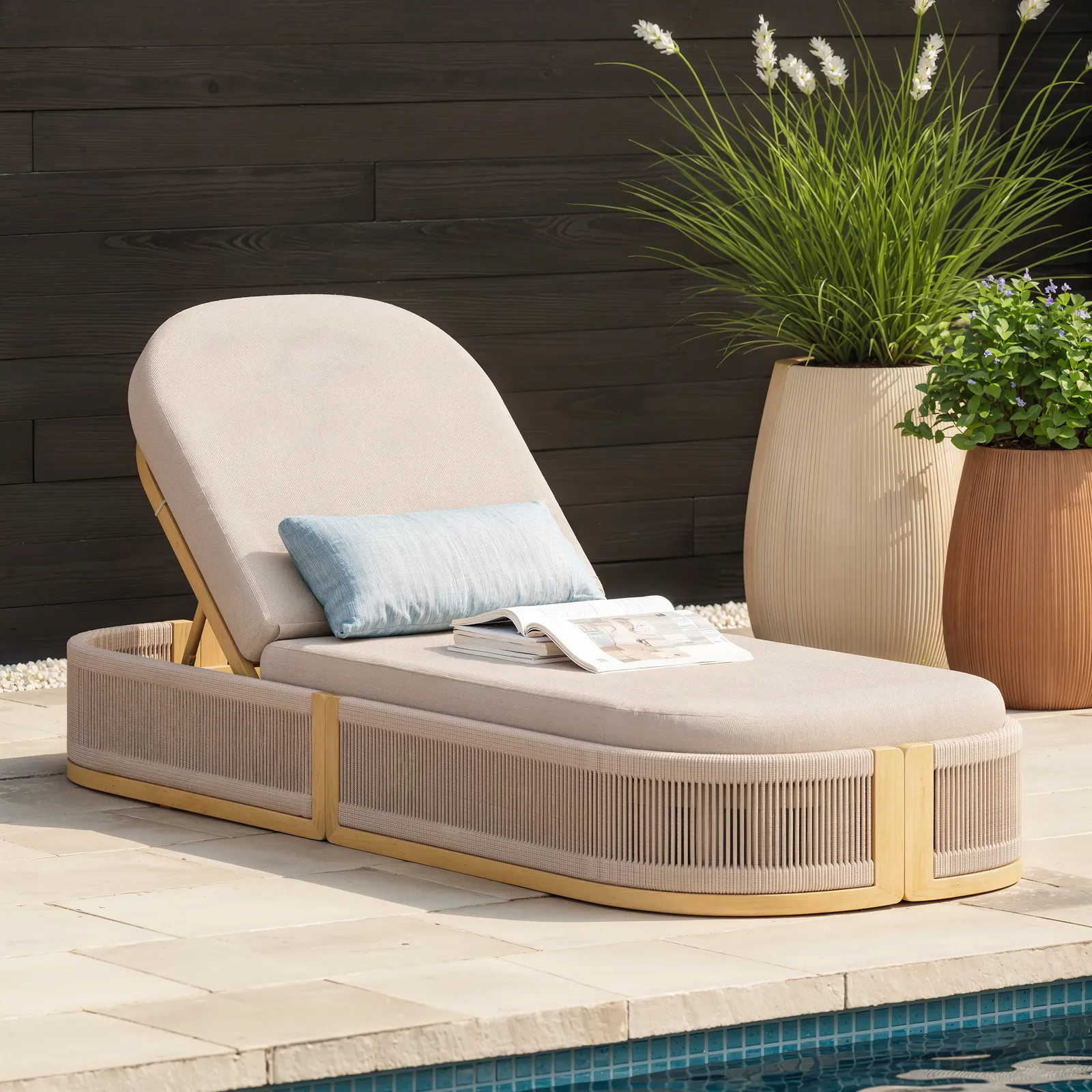 Homary Costra Modern Outdoor Aluminum & Rope Weave Reclining Chaise Lounge in Ivory