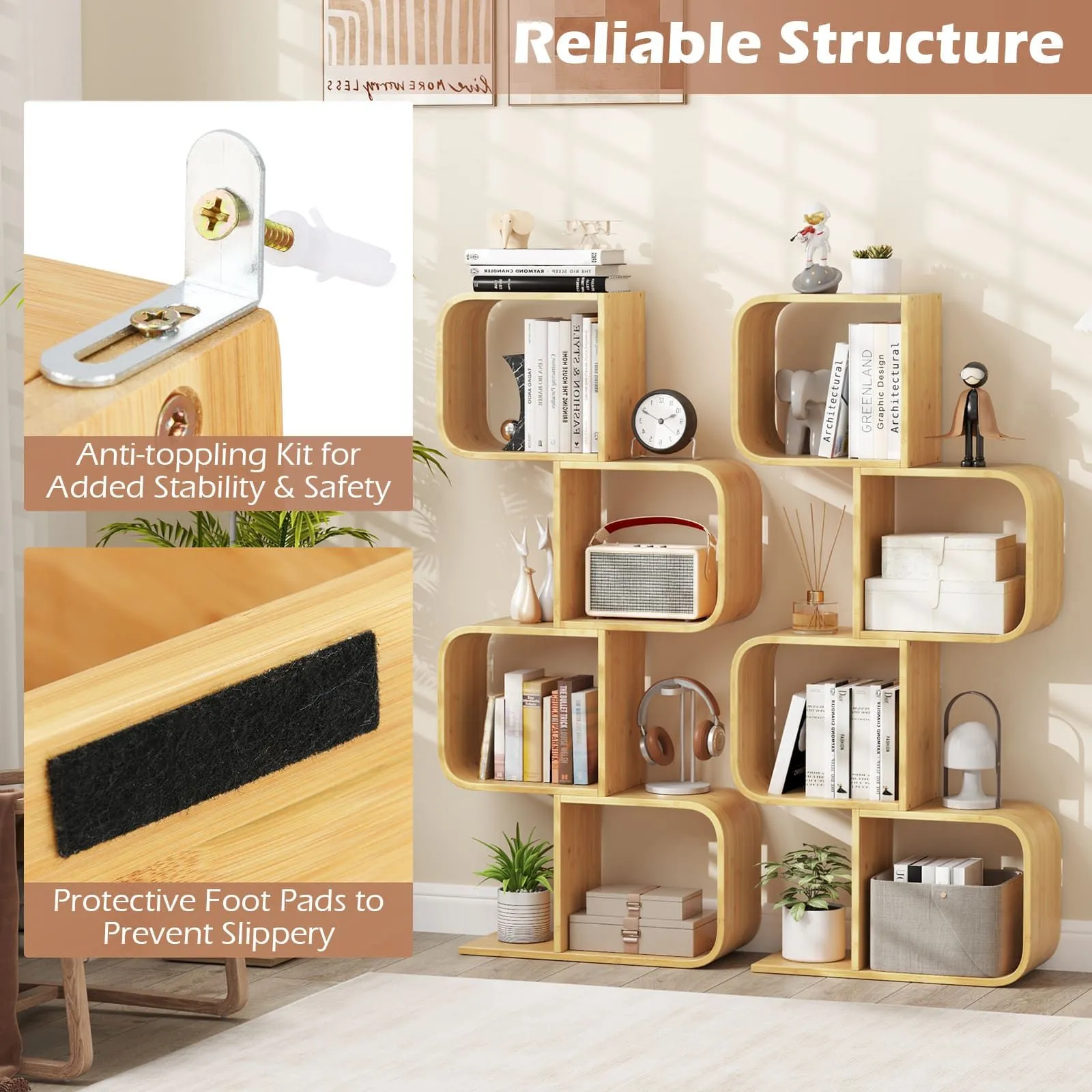 Costway 4-Tier S-Shaped Bookcase Bamboo Bookshelf w/4 Open Cubes in Natural 4