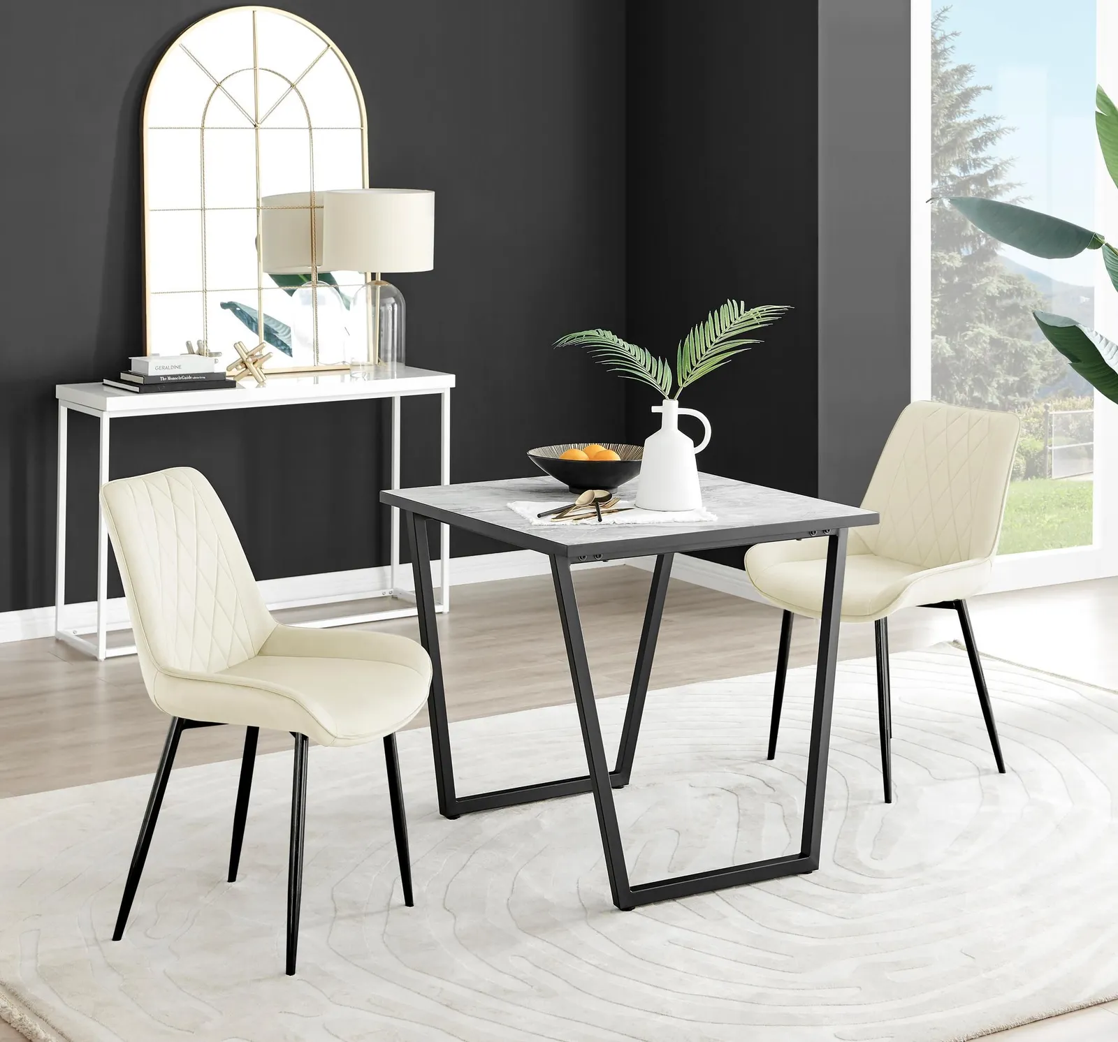 FurnitureboxUK Carson White Marble Effect Square Dining Table & 2 Velvet Pesaro Black Leg Chairs in Cream